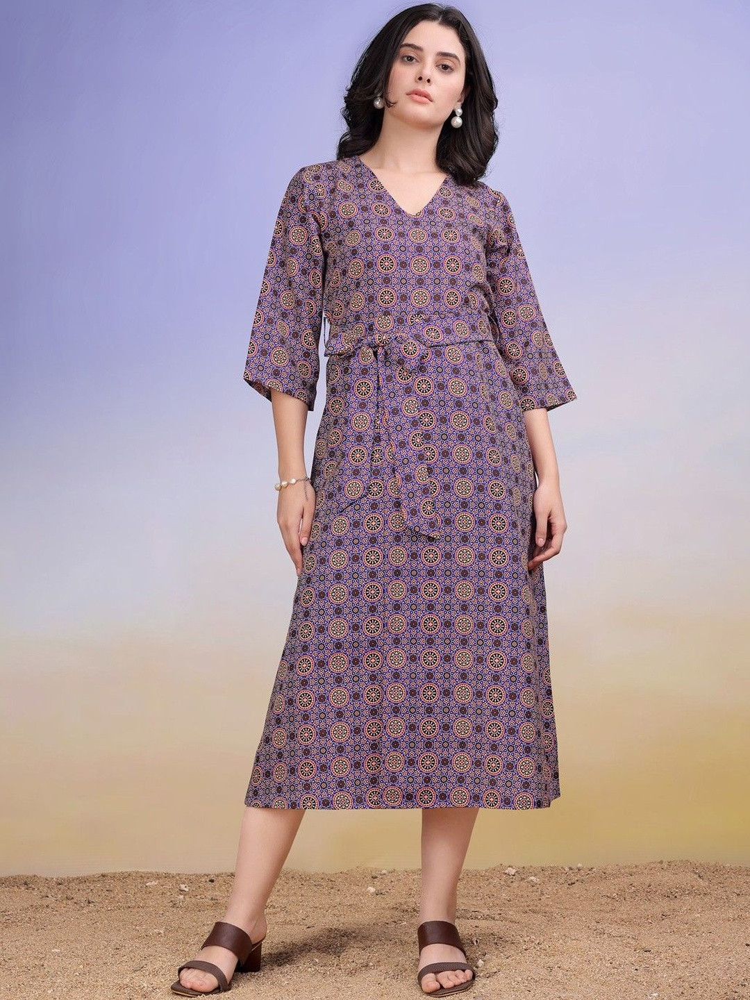 Printed Blue Wrap  Dress