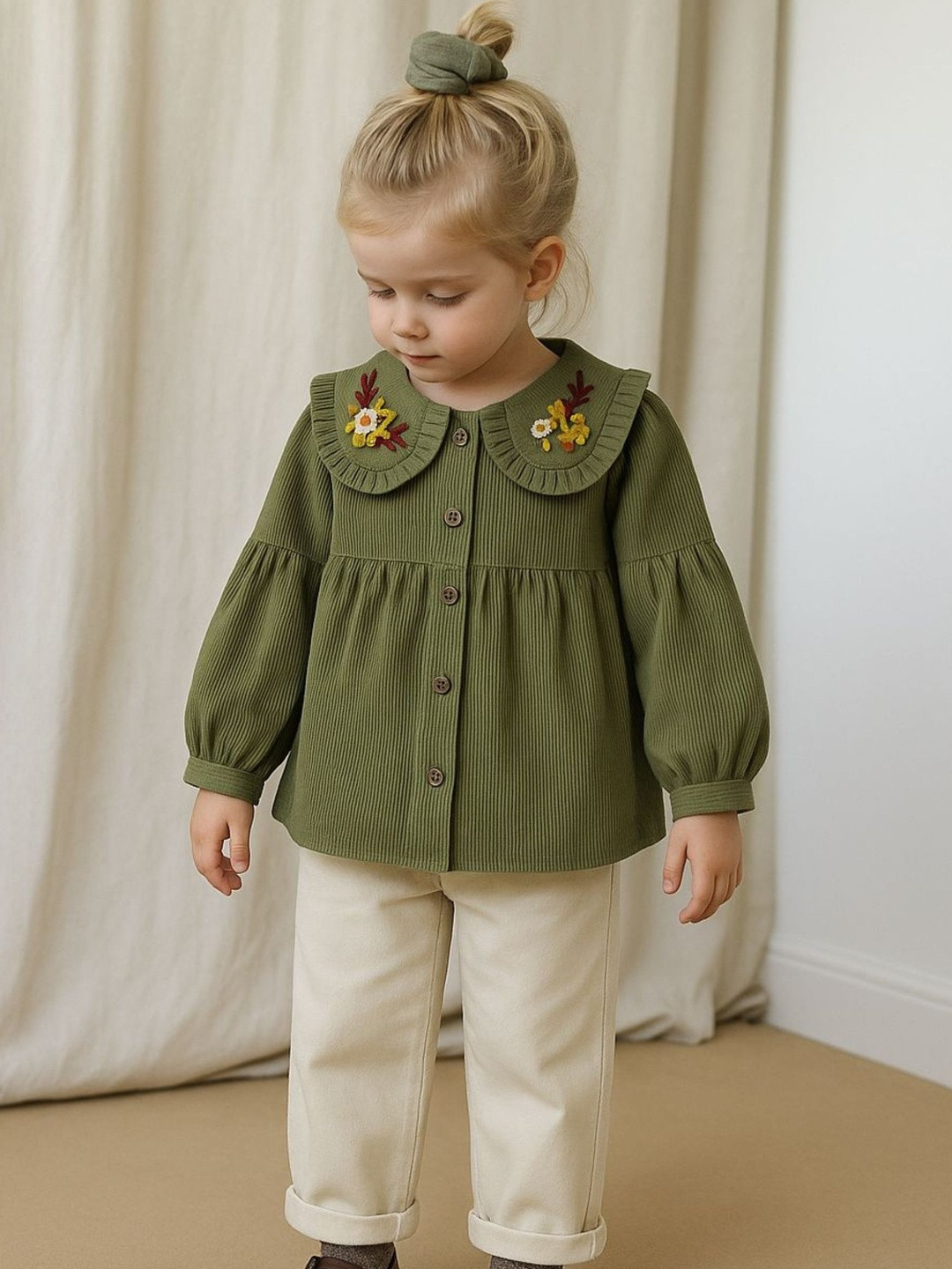 KICO Girls Green Embroidered Peter Pan Collar Puff Sleeve Cotton Top