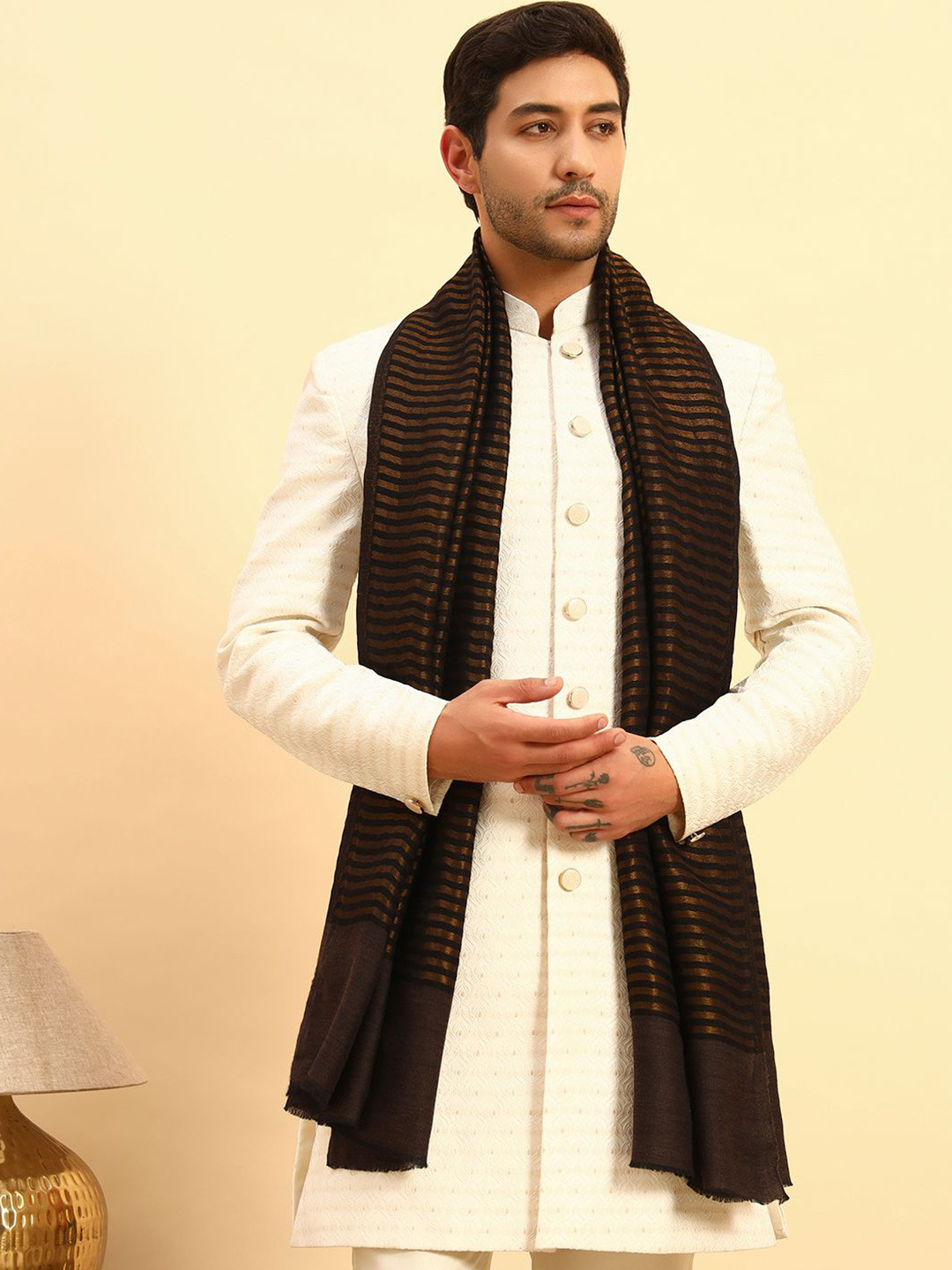 Pashmoda Men Woven Design Reversible Eclipse Fine Wool Stole