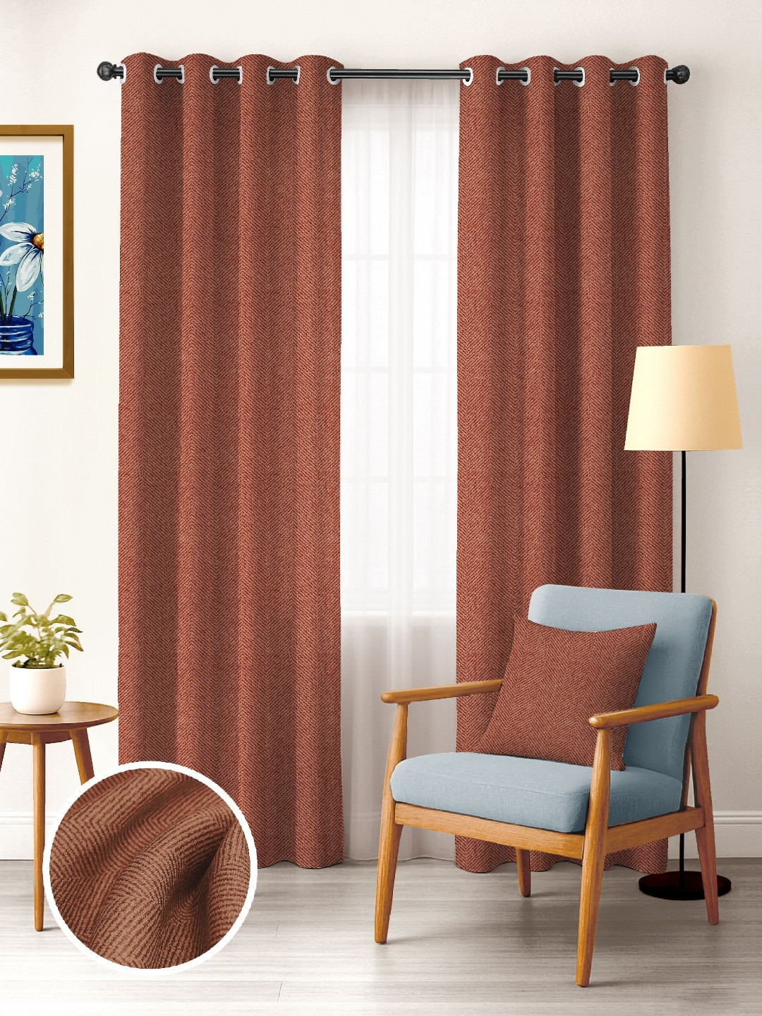 Nefertiti Home Rust 2 Pieces Textured Black Out Long Door Curtains