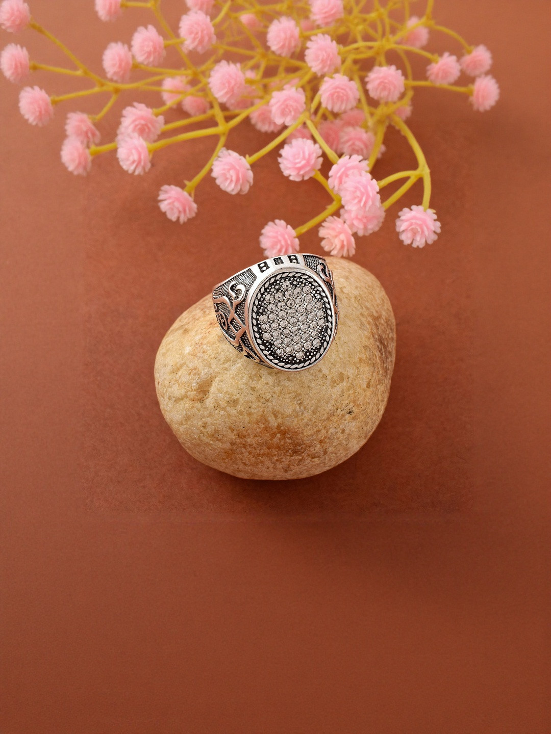 DZINETRENDZ Brass Oxidised Silver plated Imitation Diamonds Statement finger ring