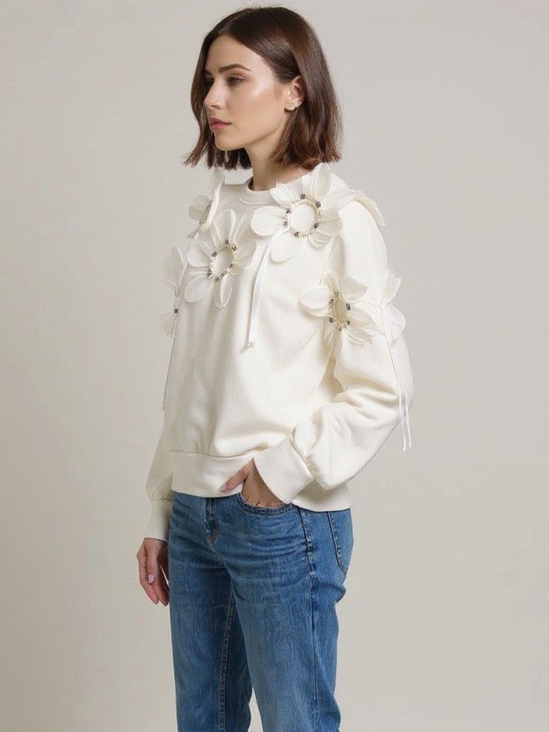 HERE&NOW Women Floral Embroidered Round Neck Long Sleeves Pullover Sweatshirts