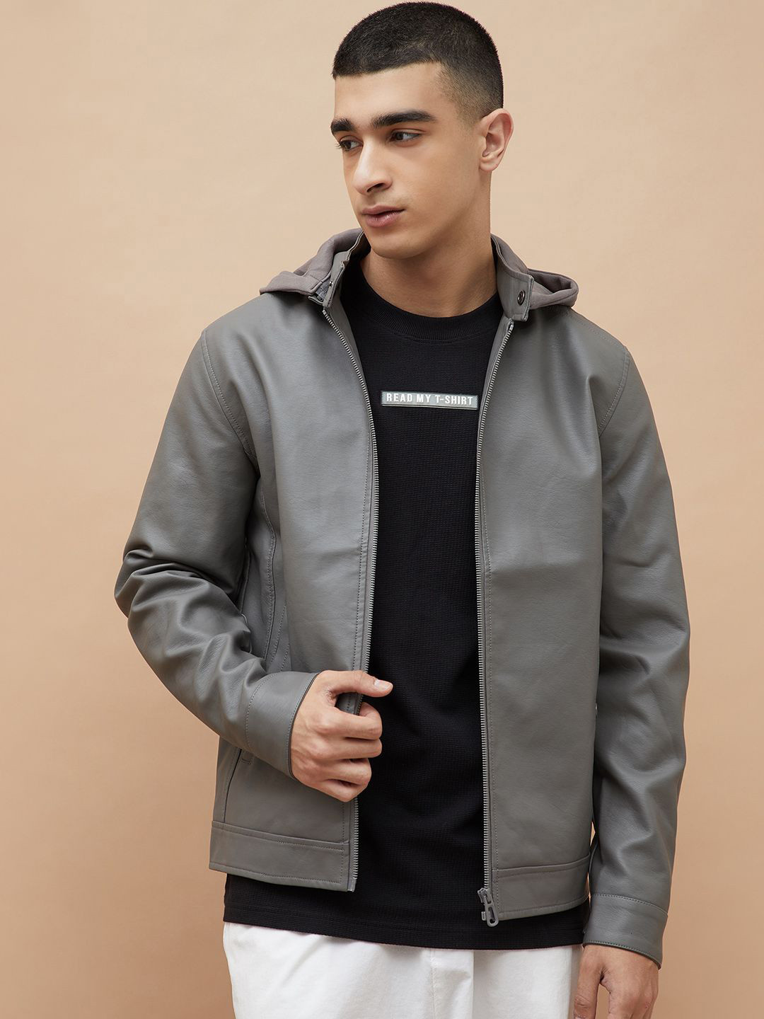 Forca by Lifestyle Men Hooded Solid Leather Jacket