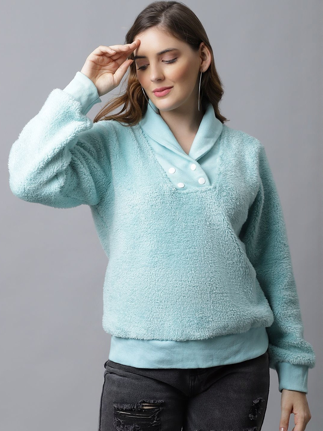CORSICA Women Blue Solid Faux Fur Stand Collar Jacket