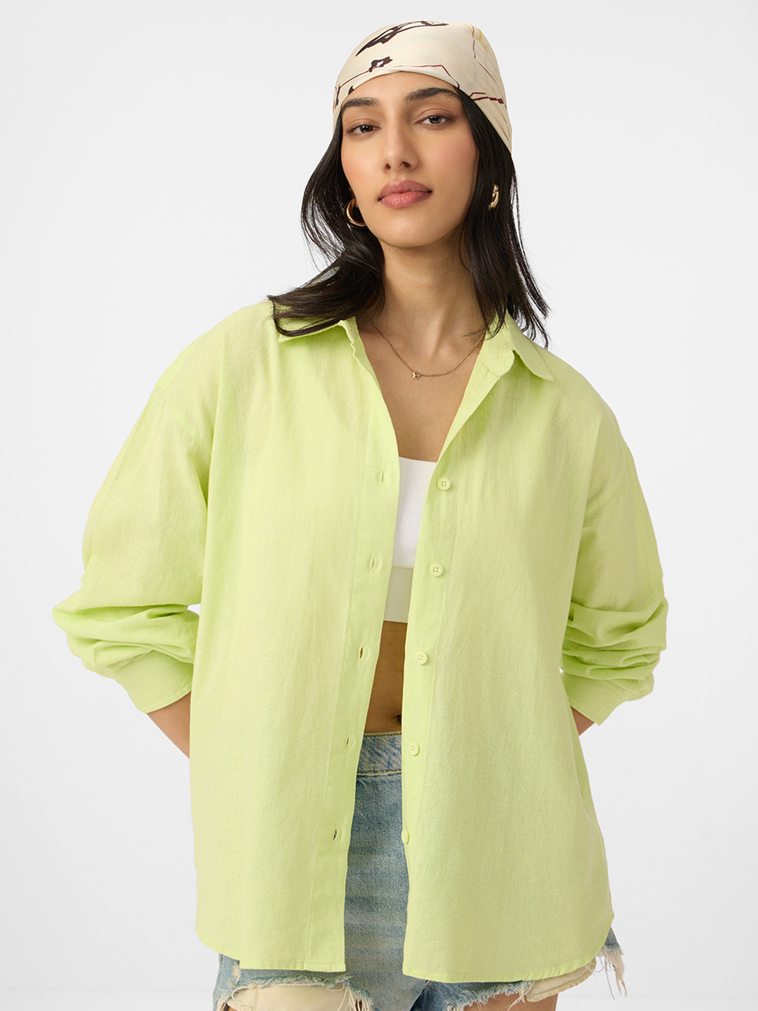 The Souled Store Lime Green Relaxed Fit Cotton Linen Casual Shirt