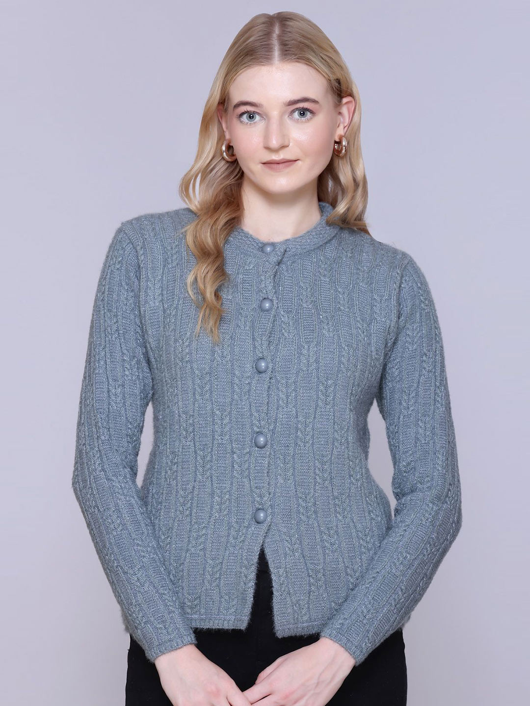 TRUDO Women Solid Self Design Full Sleeve Woollen Cardigan Sweaters