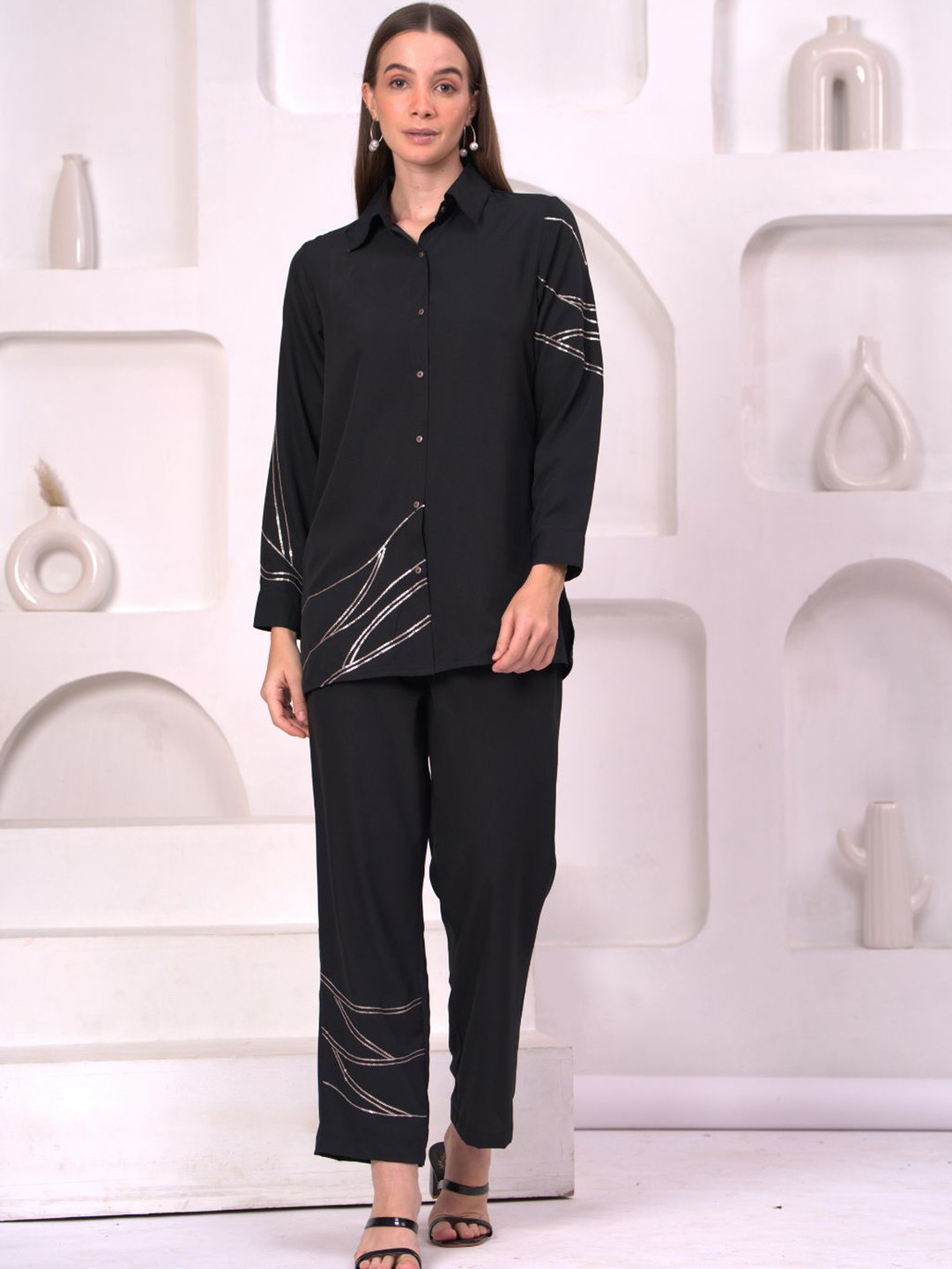 Zolo Label Embroidered Long Sleeves Pure Silk Shirt With Trousers Co-Ords