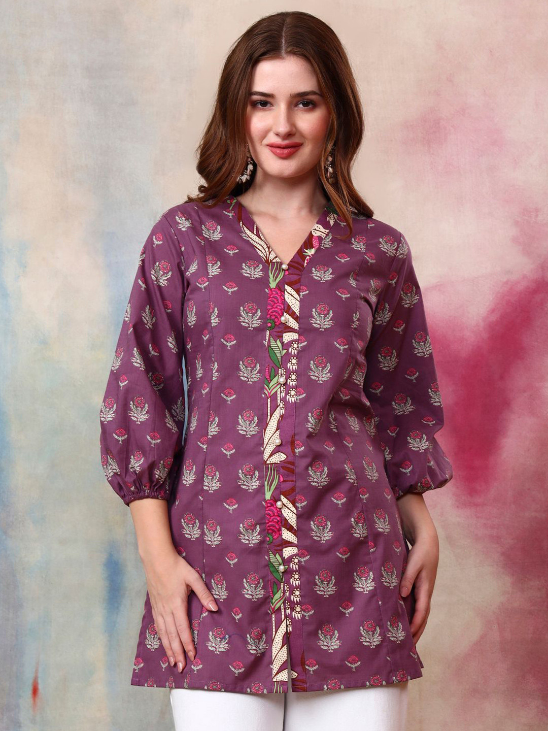 Tissu Women Floral Print V-Neck Puff Sleeves Pure Cotton Kurti