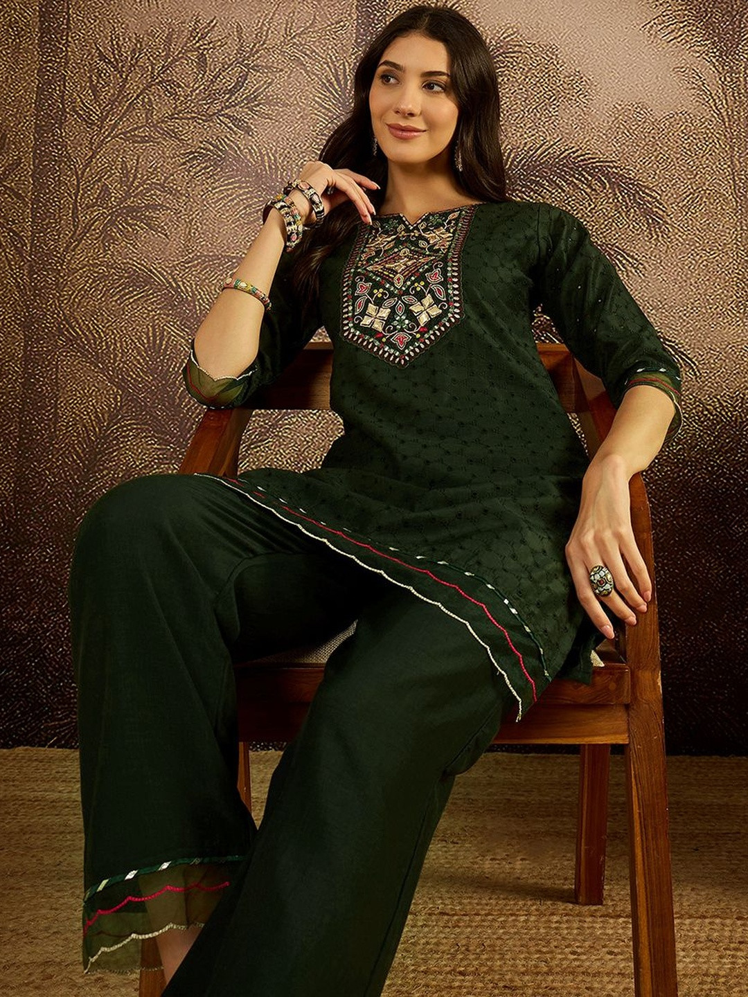 Sangria Women Ethnic Motifs Embroidered Regular Mirror Work Kurta with Trousers