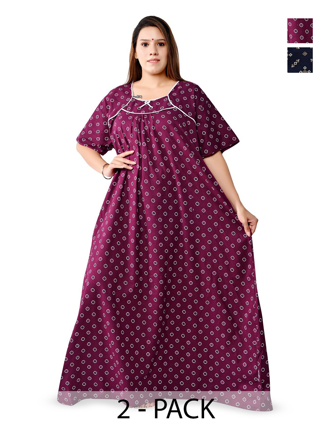 Bindass Female Collection Pack Of 2 Printed Round Neck Maxi Nightdress