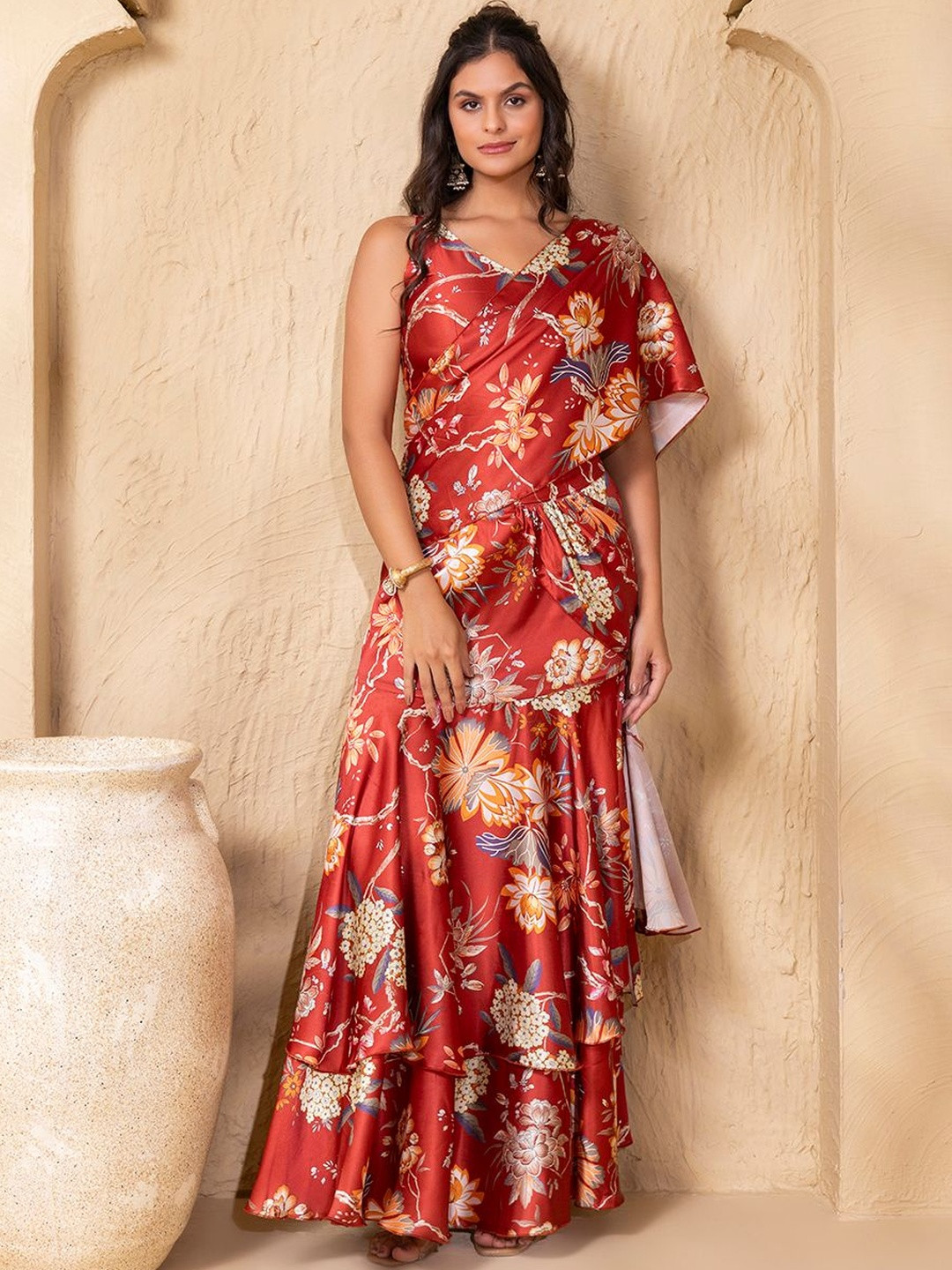 MABISH by Sonal Jain Floral Printed Satin Pre-Draped Double layer Saree with Blouse