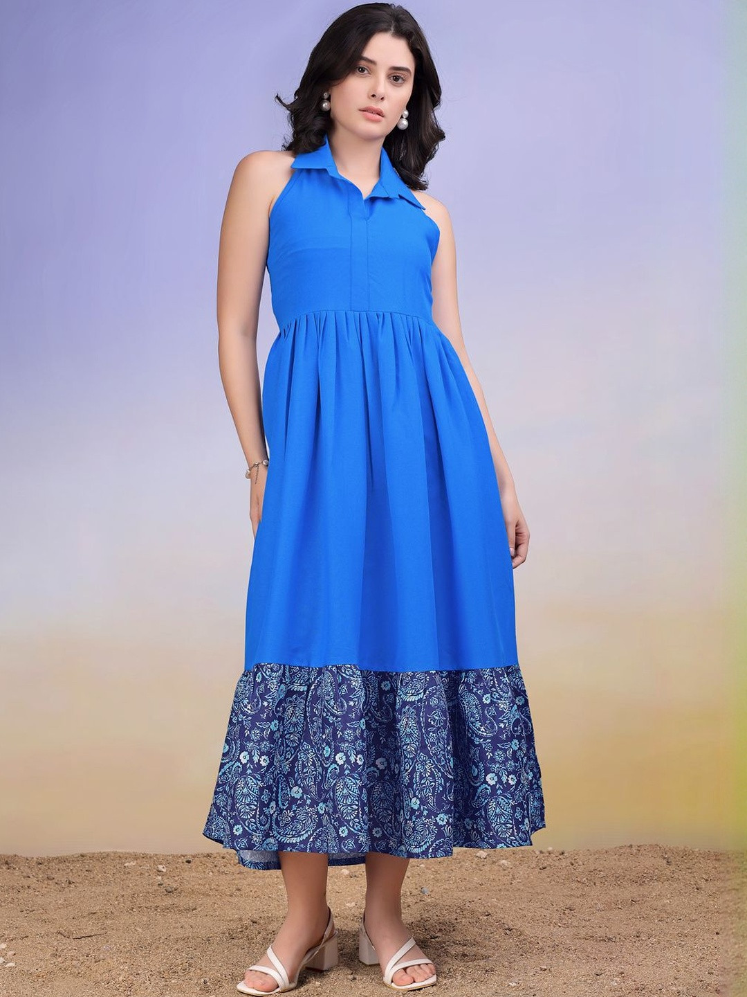 Women Solid Royal Blue Maxi Cotton Dress
