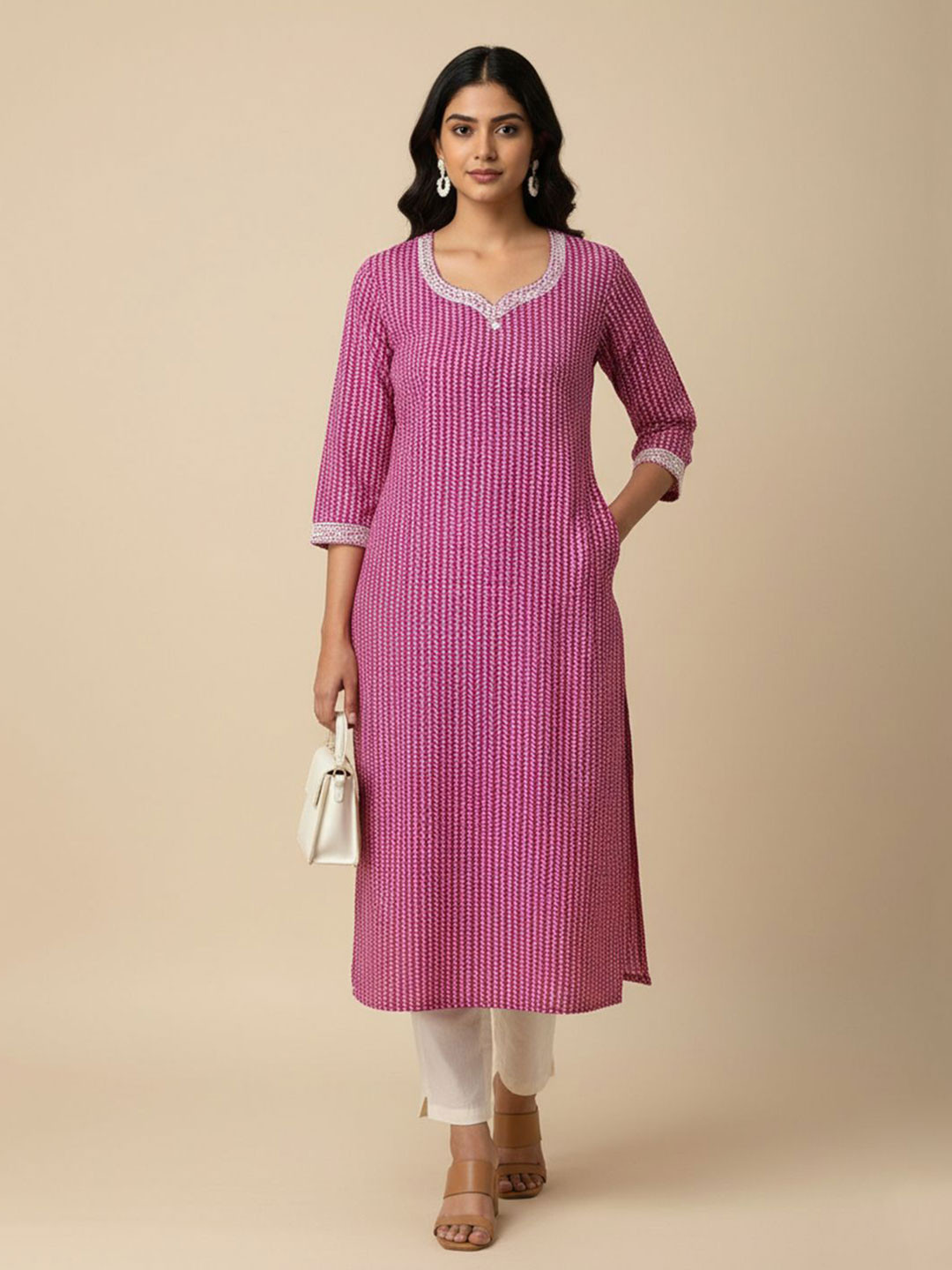 Eco Clothing Women Pure Cotton Striped Flared Sleeves Thread Work Kurta