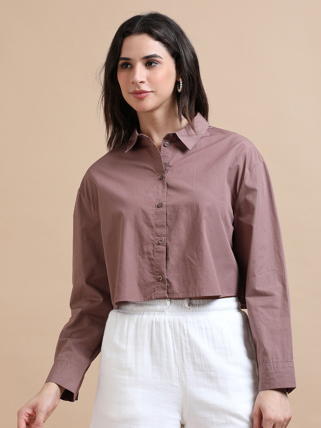 GLAM & CHIQUE Women Pure Cotton Cropped Button-Down Shirt