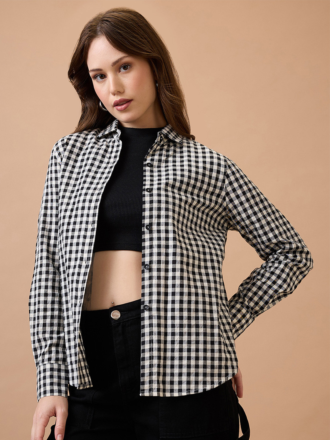Globus Checked Collared Neck Cuffed Sleeves Shirt Style Top