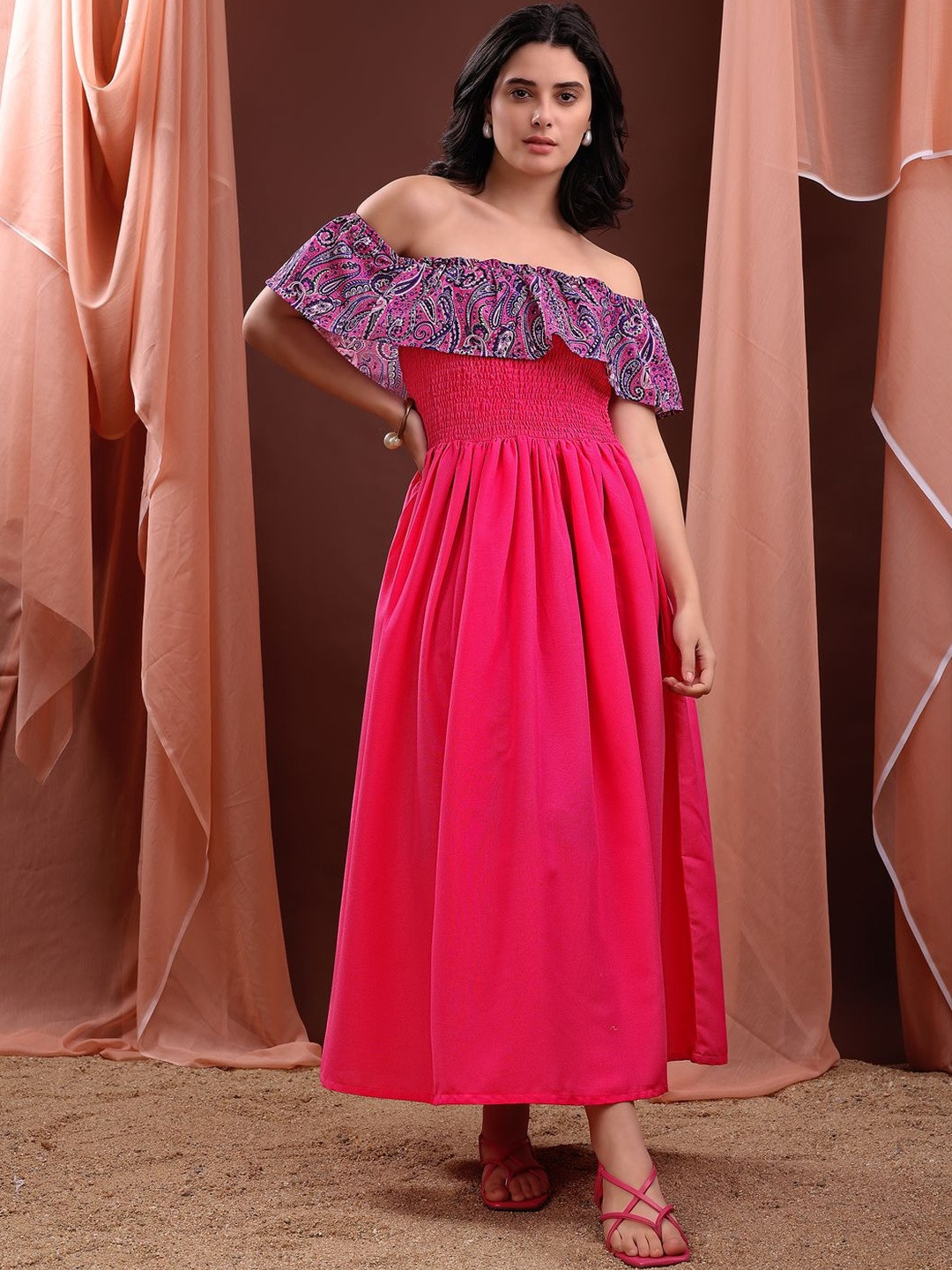 MILOST Women Solid Pink Midi Cotton Dress