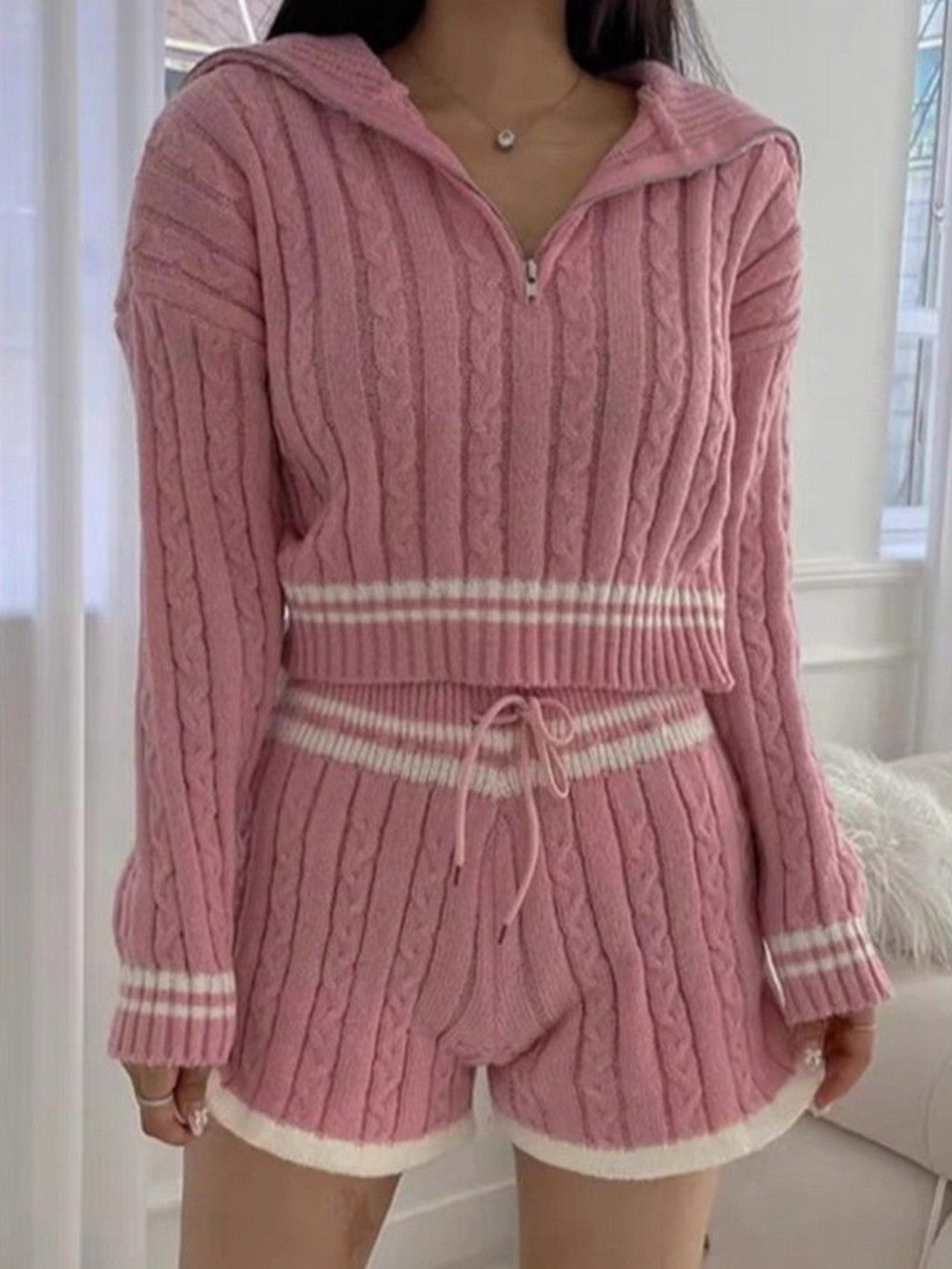 StyleCast Women Striped Polo Collar Sweater & Shorts Co-Ords