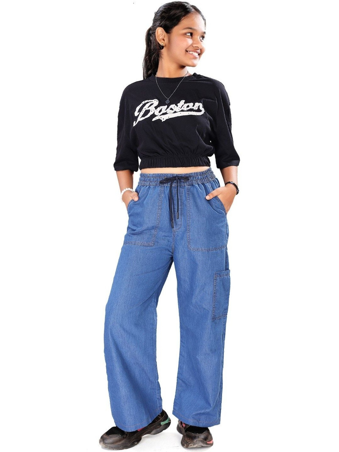 UNOseven Girls Blue Mid-Rise Wide Leg Denim Patch Drawstring Cargo Pant