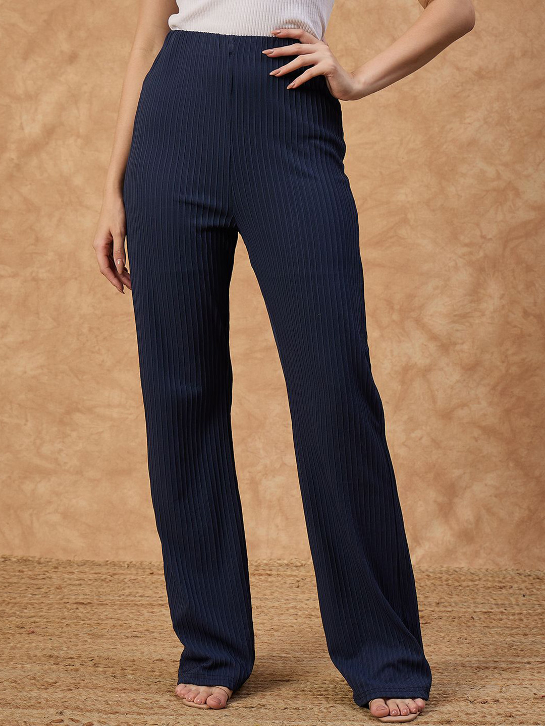 DRAPE AND DAZZLE Women Ribbed Knit Relaxed Straight Leg Flared High-Rise Cotton Trousers