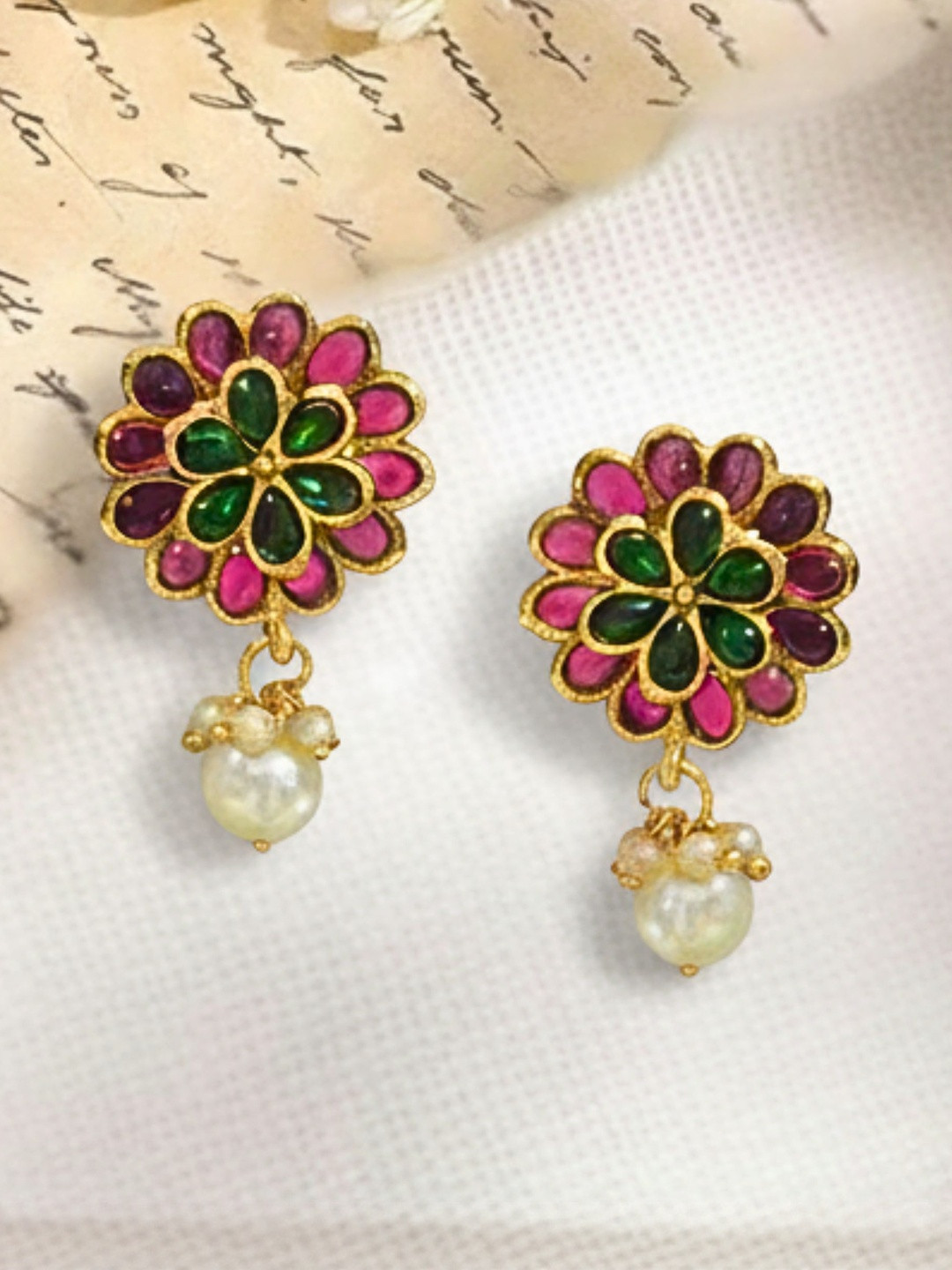 ORANGENYSHA Gold-Plated Stones Studded And Beaded  Floral Shaped Jadau Drop Earrings