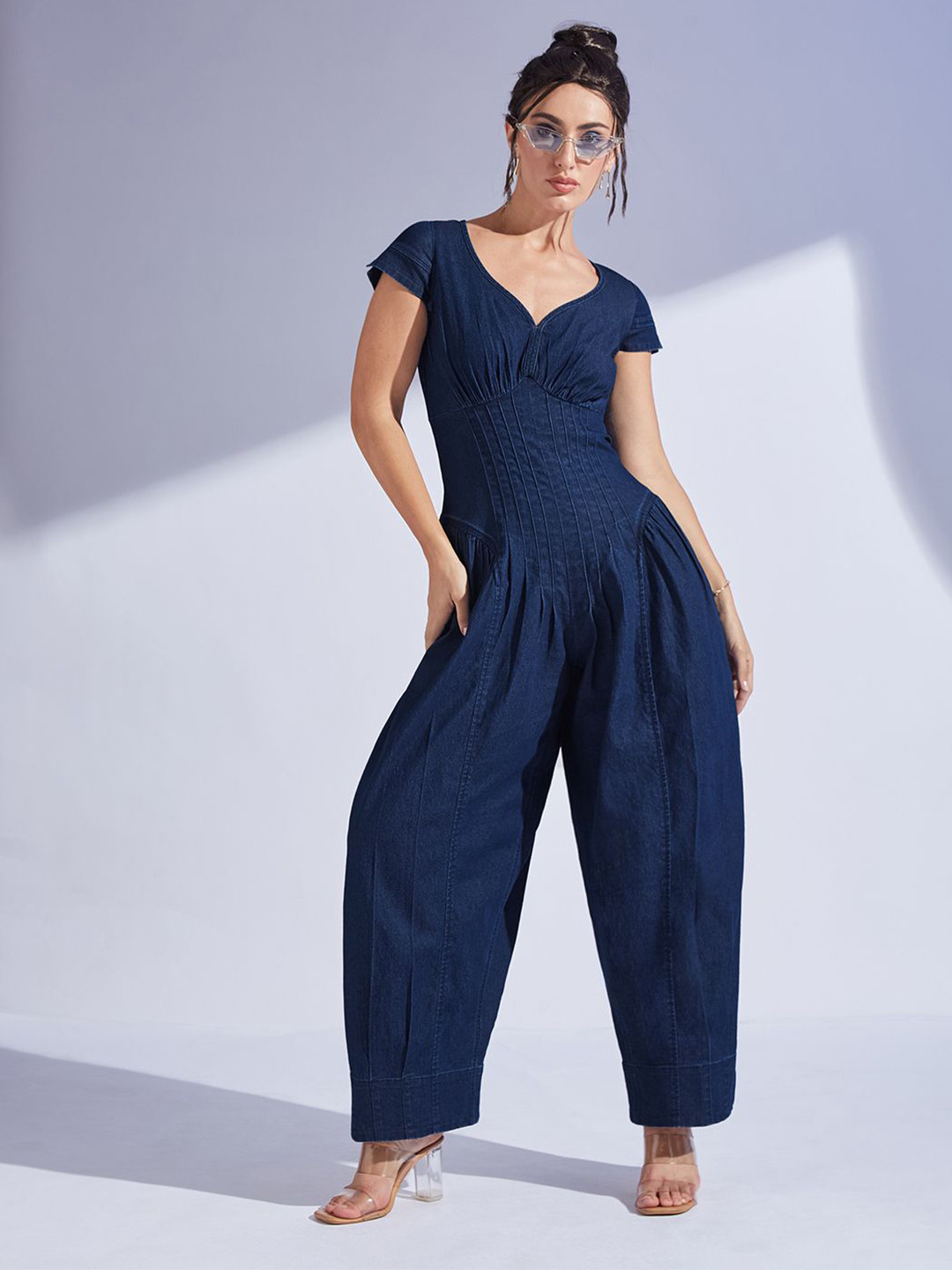 Miss Chase Women Sweetheart Neck Cap Sleeve Pin Tucked Dhoti Style Denim Jumpsuit