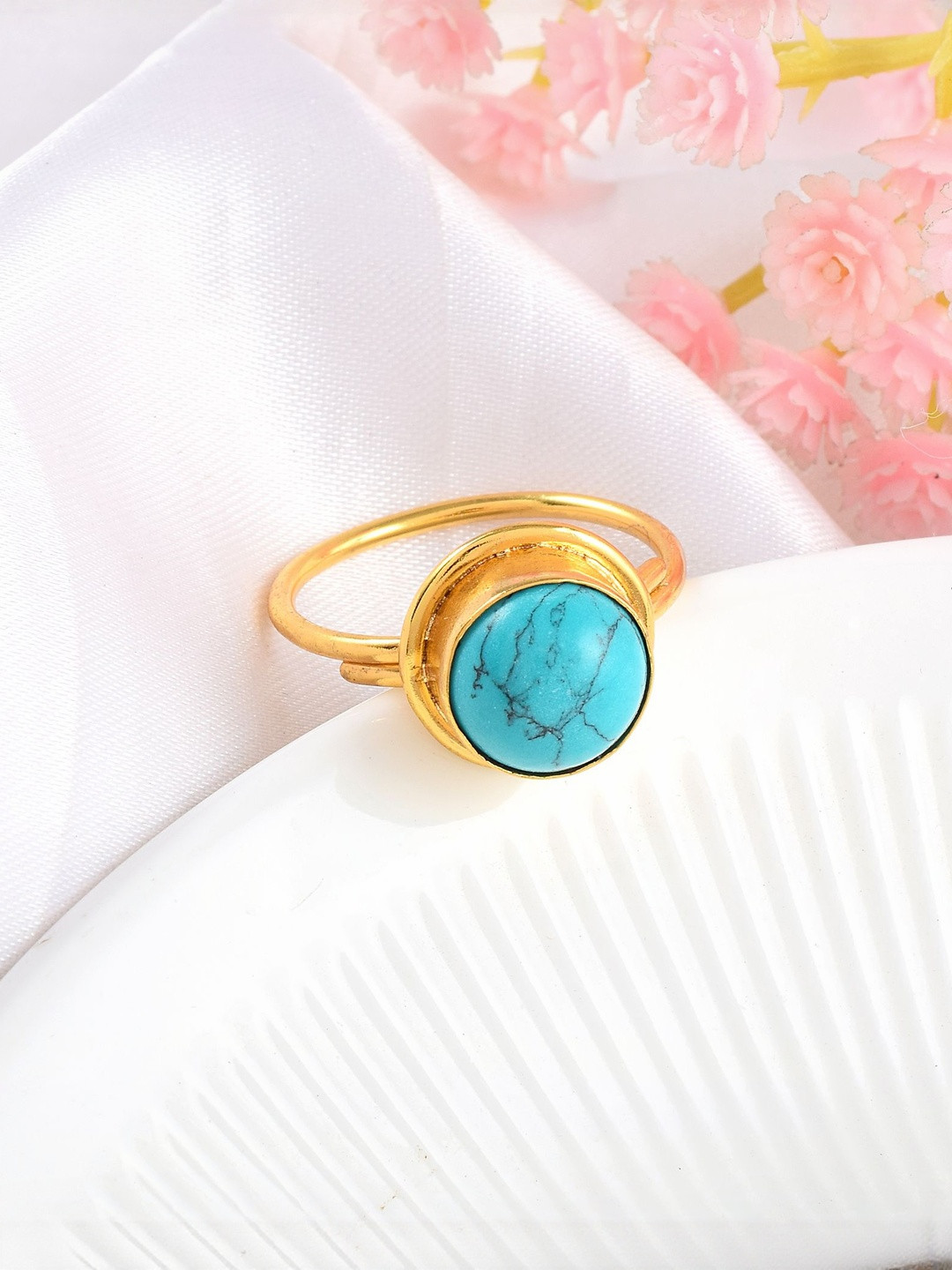 Brass Gold plated Natural Turquoise Firoza finger ring