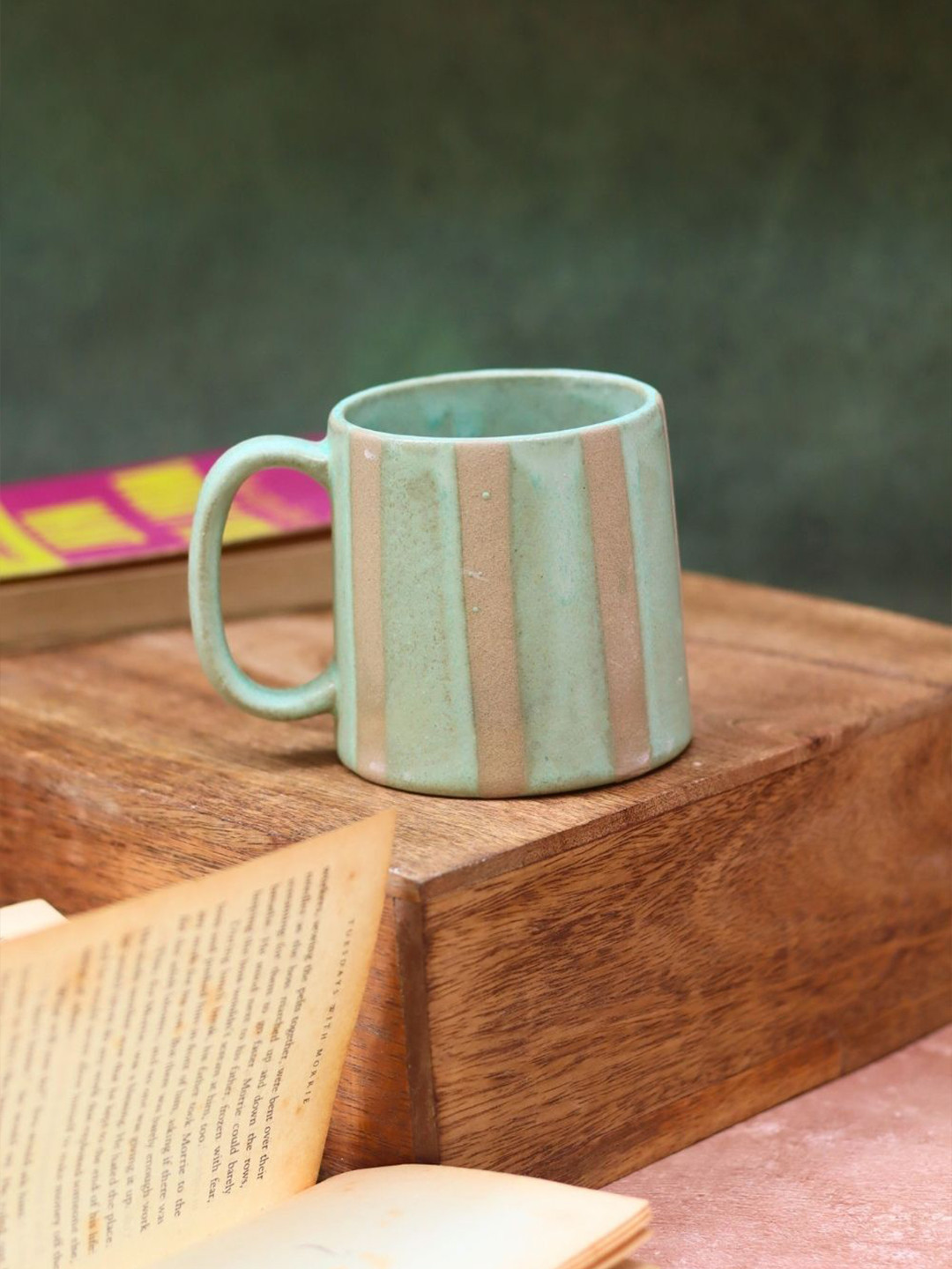 WEAVING HOMES Green & Pink Striped Ceramic Glossy Mug-300 ml