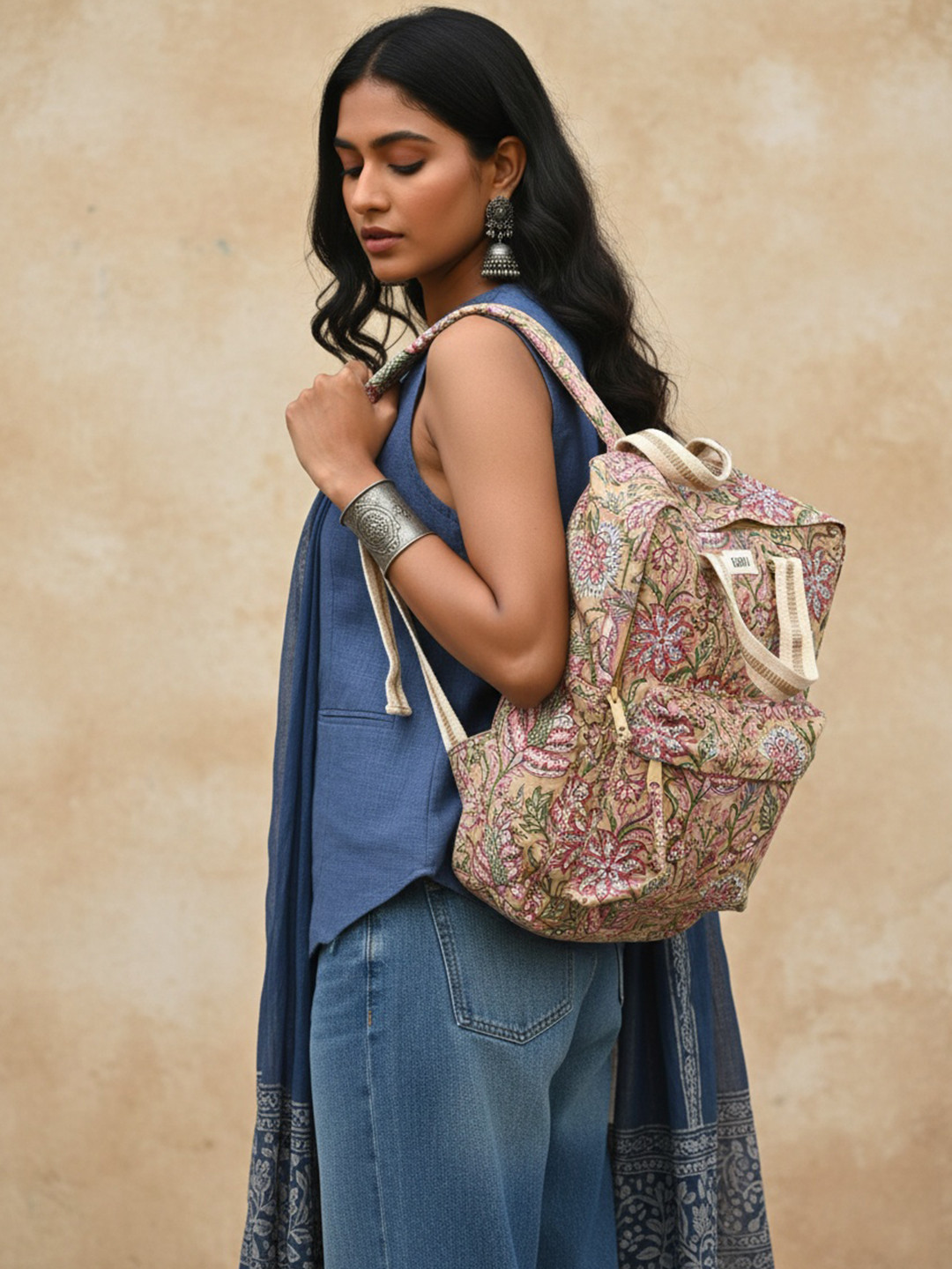 Taavi Women Floral Block Printed Canvas College Backpack