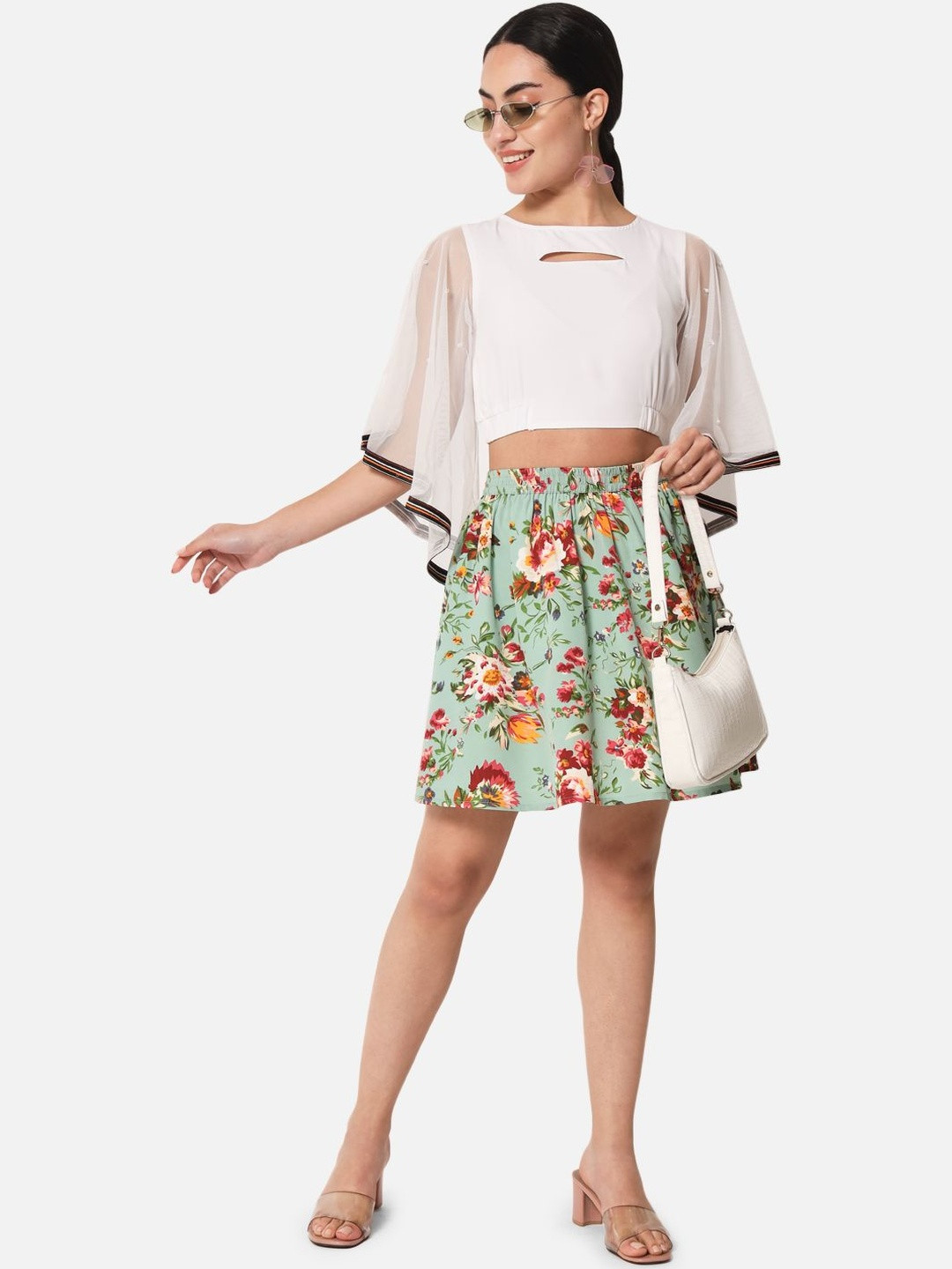 SZN Women Light Green Floral Polyester A-Line Skirt