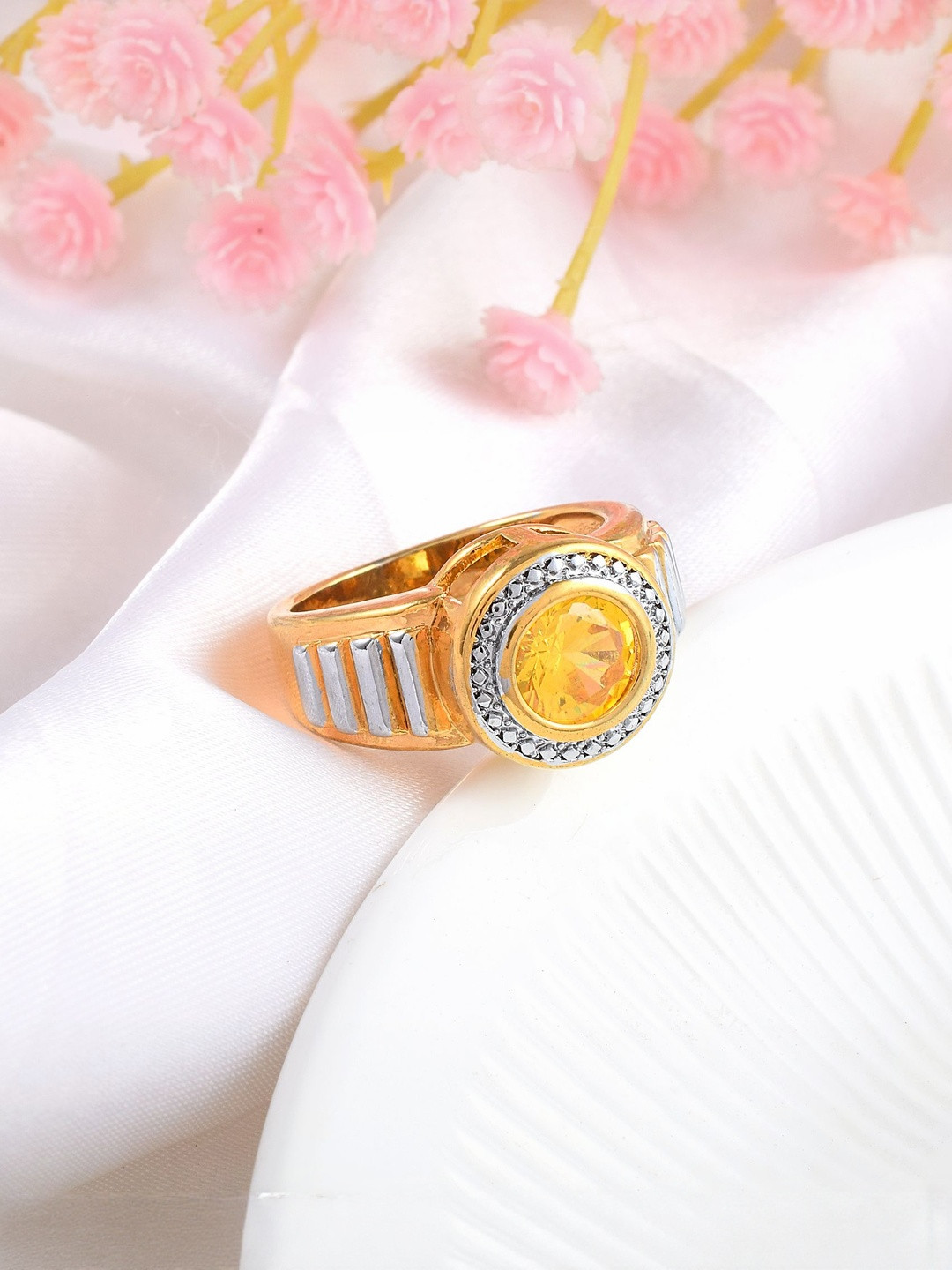 Brass Goldplate Yellow Sapphire Pukhraj Imitation Diamond finger ring