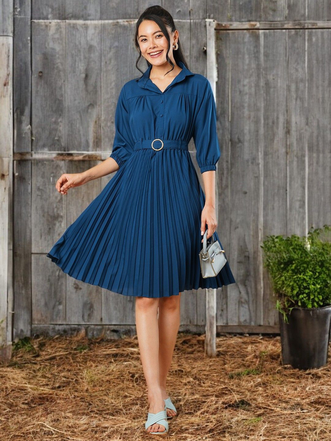 CARTYSHOP Women Belted Pleated Fit And Flare Shirt Dress