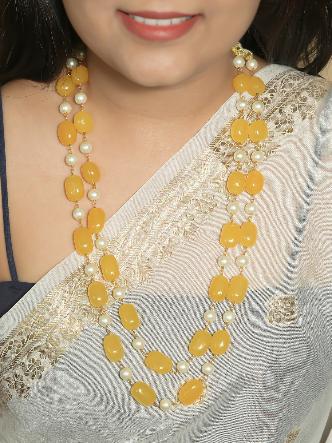 Raj Gems Natural Yellow Quartz & Pearls Gemstone Beaded Necklace Jewellery