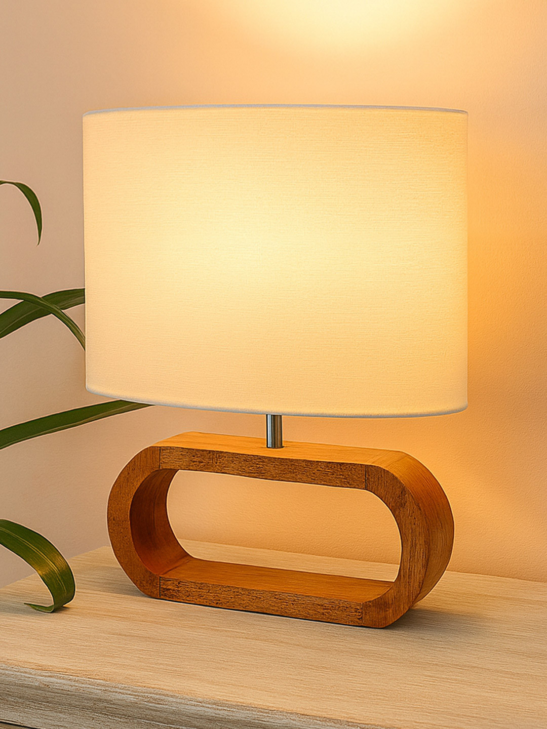 Homesake White & Brown Walnut Oblong Wood Table Lamp With Oval Shade & LED Bulb