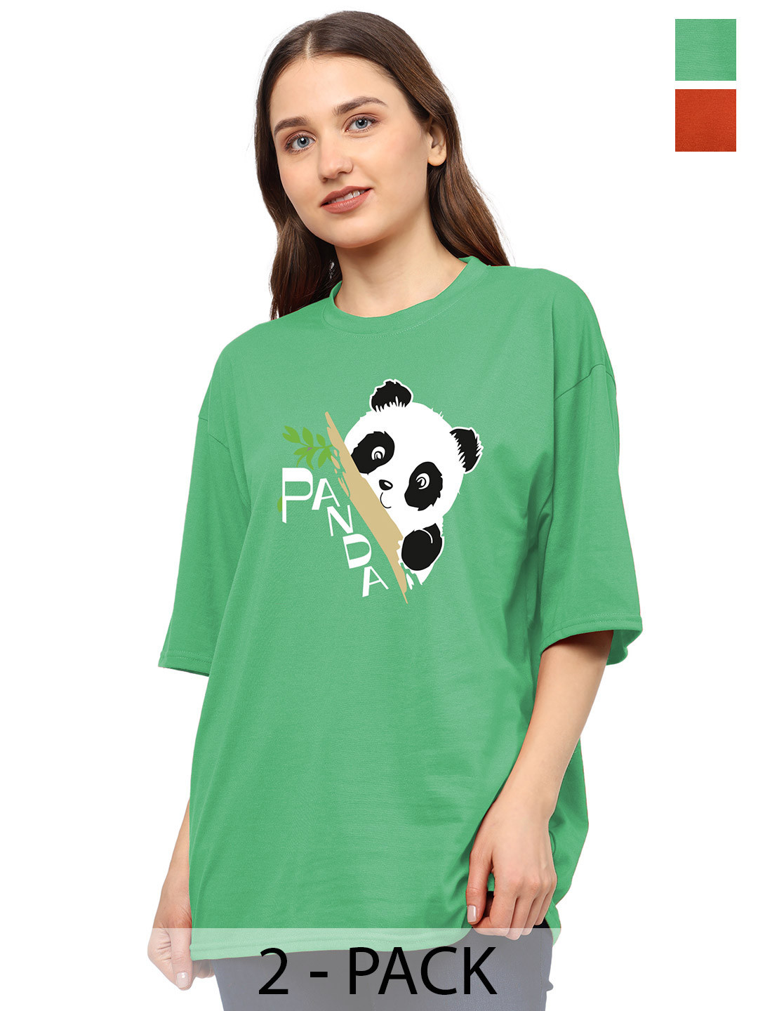 TQH Pack Of 2 Panda Printed Round Neck Drop-Shoulder Sleeves Oversized T-shirts