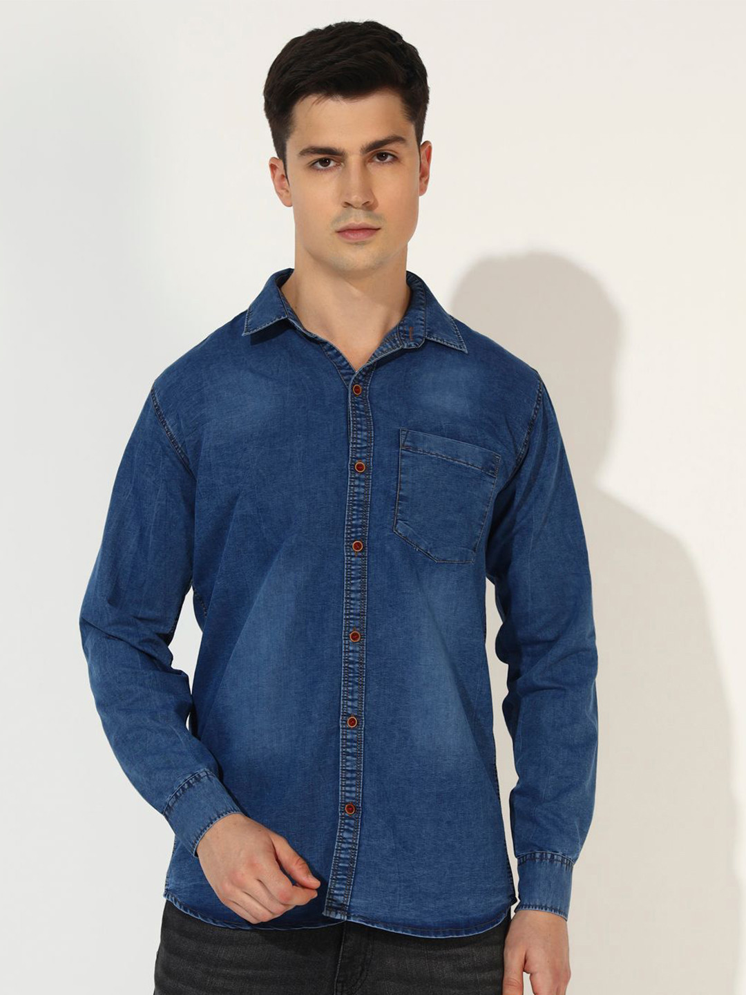DOUBLE ONE Men Standard Fit Solid Spread Collar Casual Denim Shirt