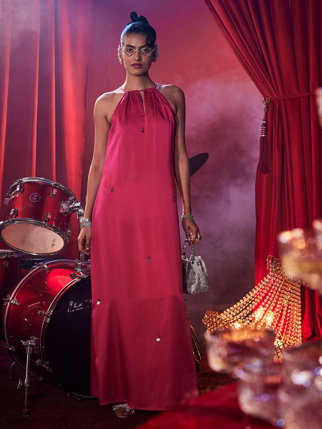 HOUSE OF FETT Women Self Design Embellished Halter Neck Organic Cotton Maxi Dress