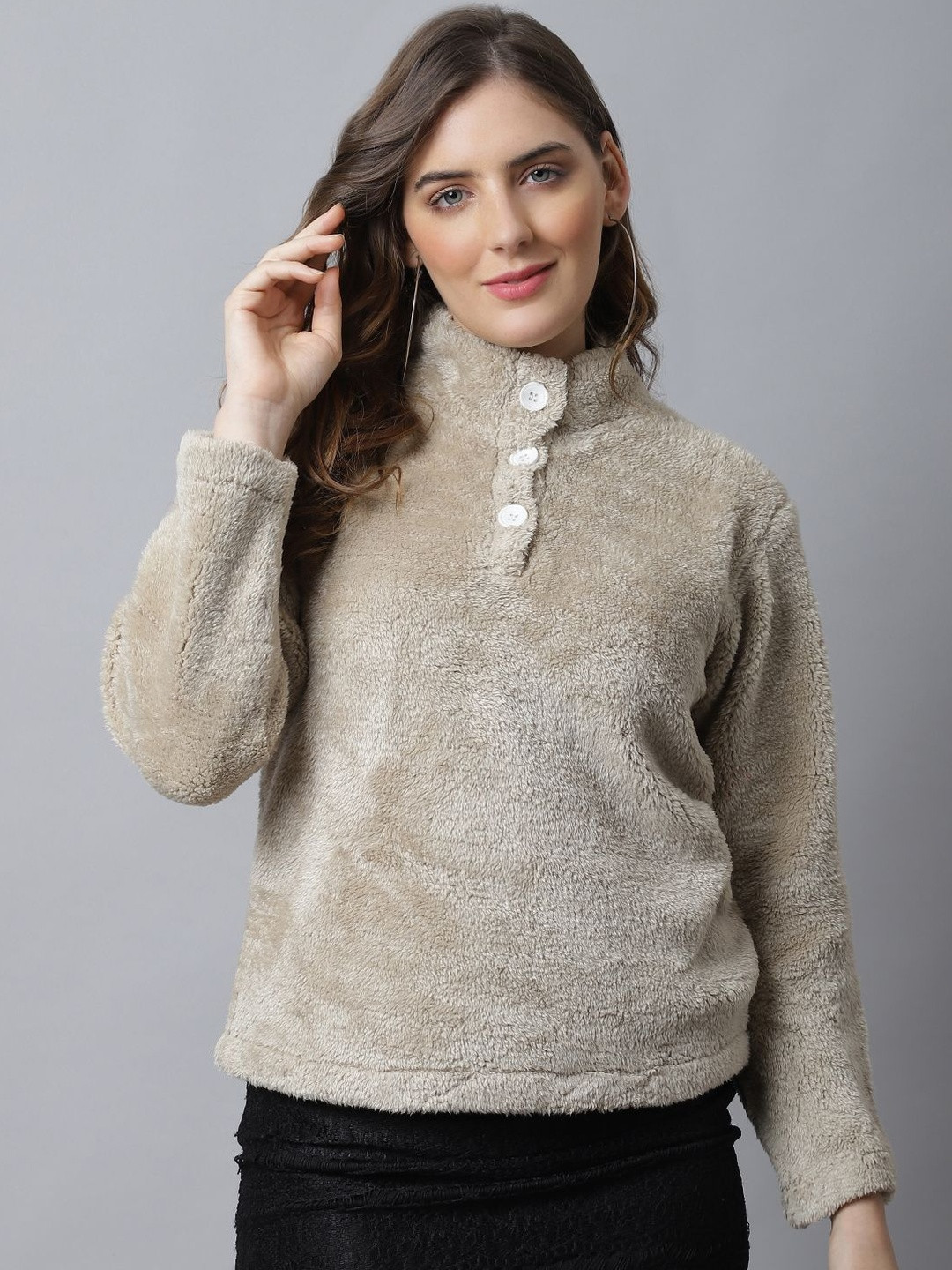 CORSICA Women Faux Fur Half Button Closure High Neck Pullover