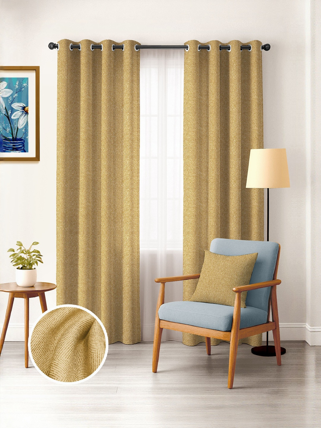 Myntra Elegant Homes Mustard Set of 2 Black Out Long Door Curtain