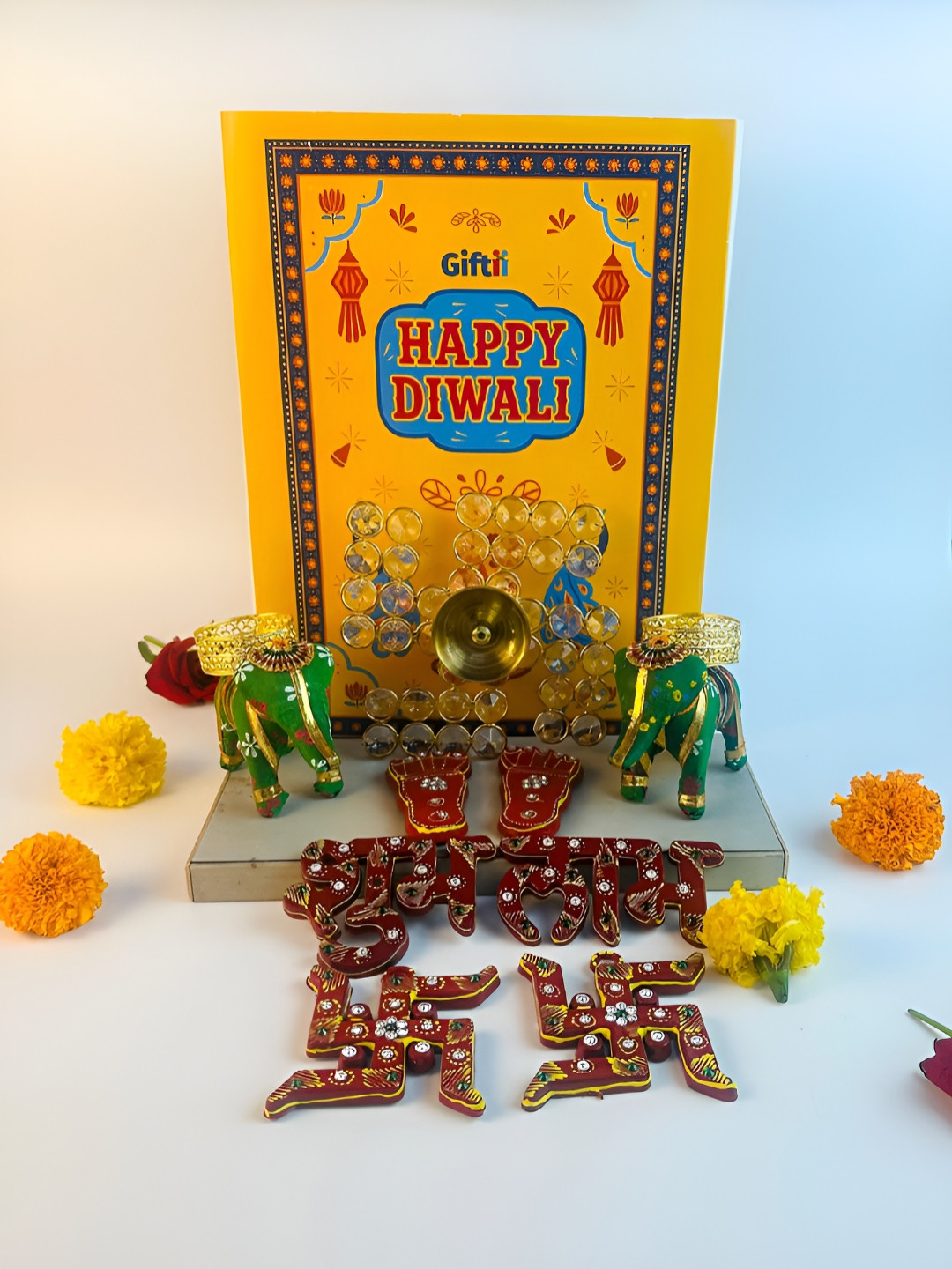 Giftii Red & Green 9 Pieces Crystal Diya Elephants Diya & Shubh Labh Gift Set