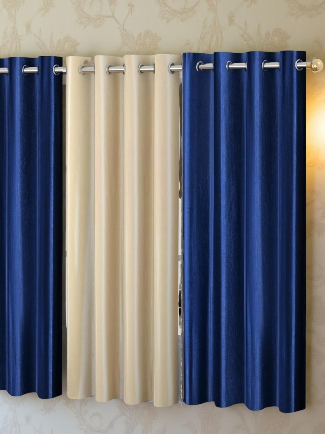 Aura Navy Blue & Beige 3 Pieces Room Darkening Door Curtains