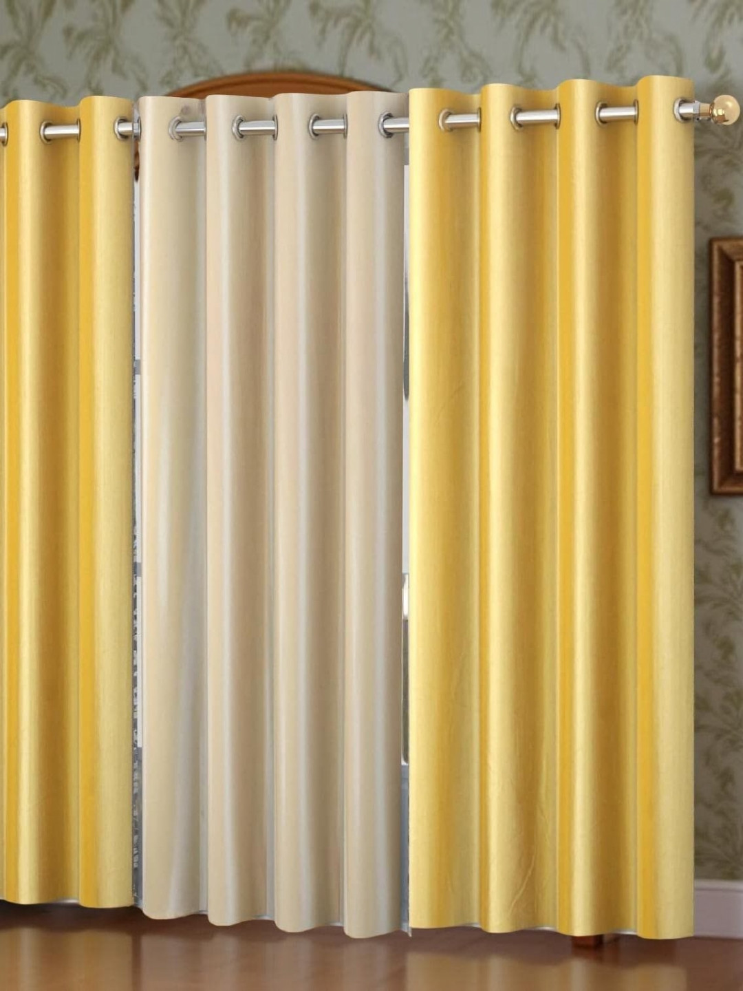 Aura Yellow & Cream 3 Pieces Room Darkening Long Door Curtains