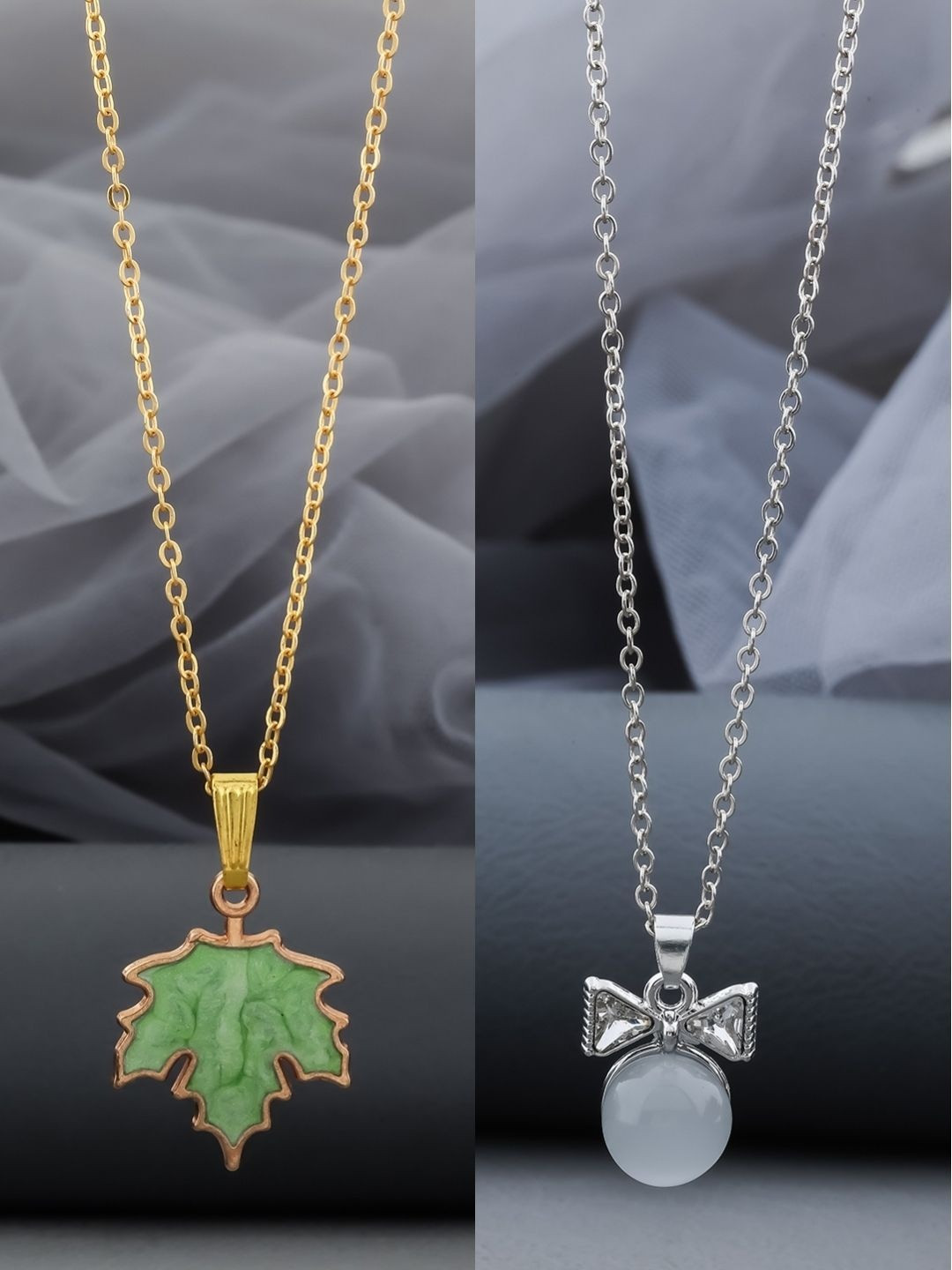 Birado Jewellery Set Of 2 Steel Gold-Plated Stones Studded Geometric Pendants With Chains