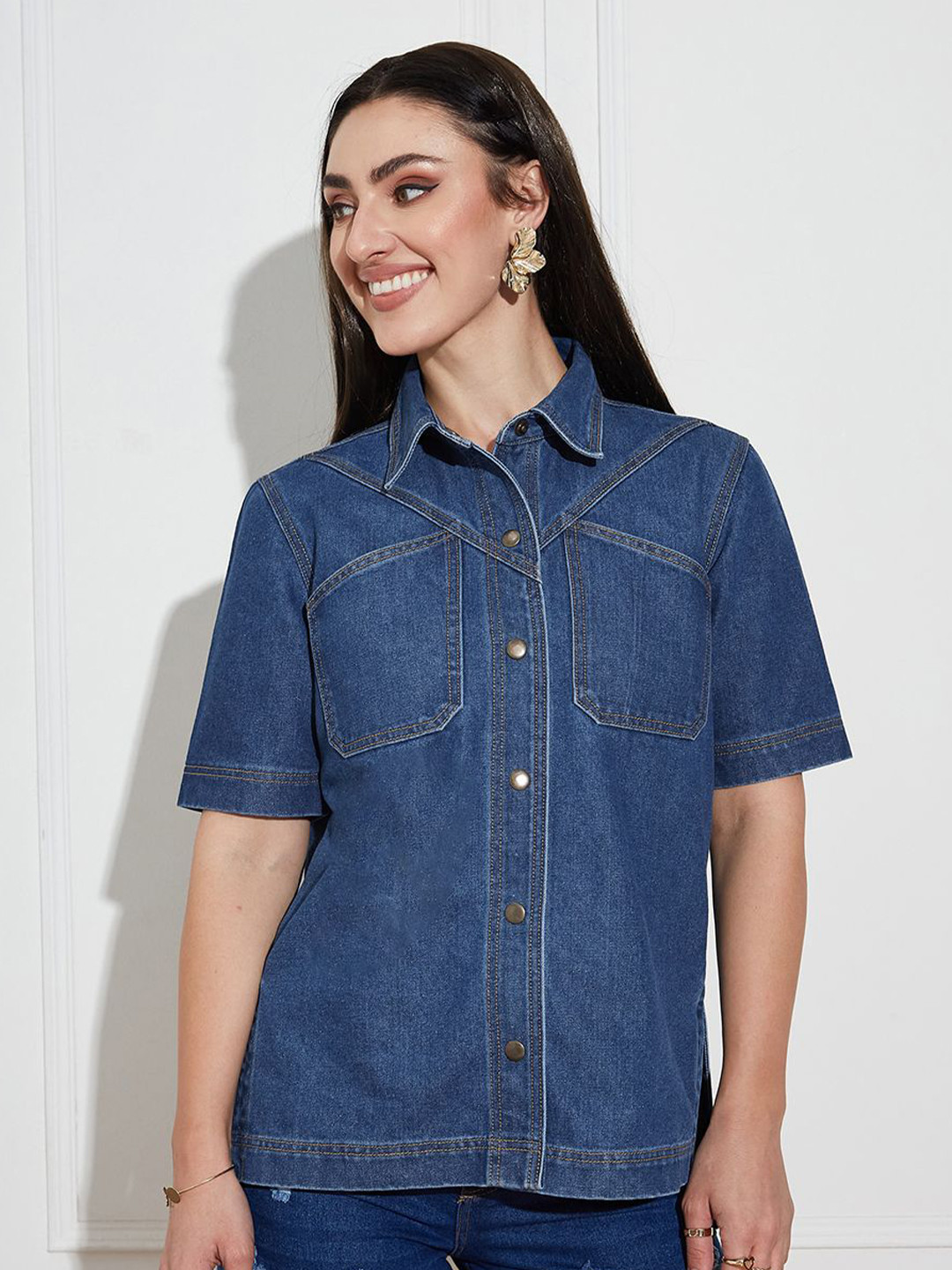 Miss Chase Women Spread Collar Half Sleeves Boxy Fit Denim Shirt