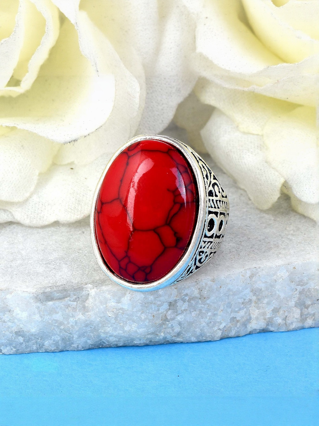 Brass Oxidised Finish Red Firoza Finger ring