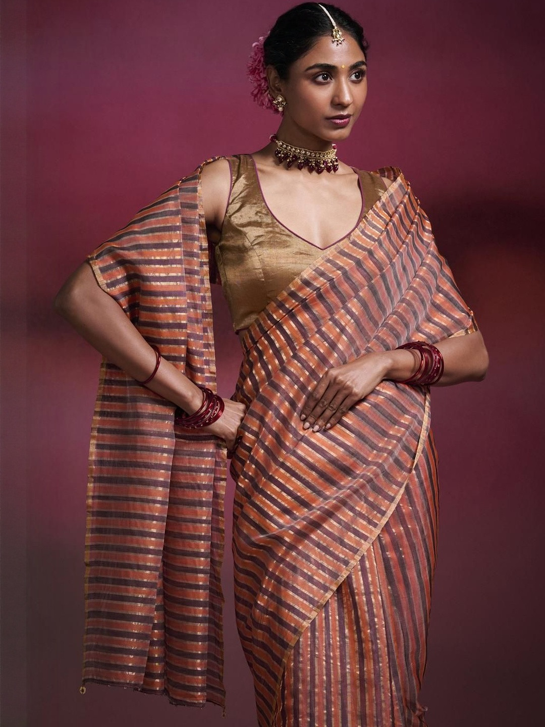 Dressfolk Chanderi Handwoven Saree with Gold, Purple & Red Stripes and Embellished Pallu