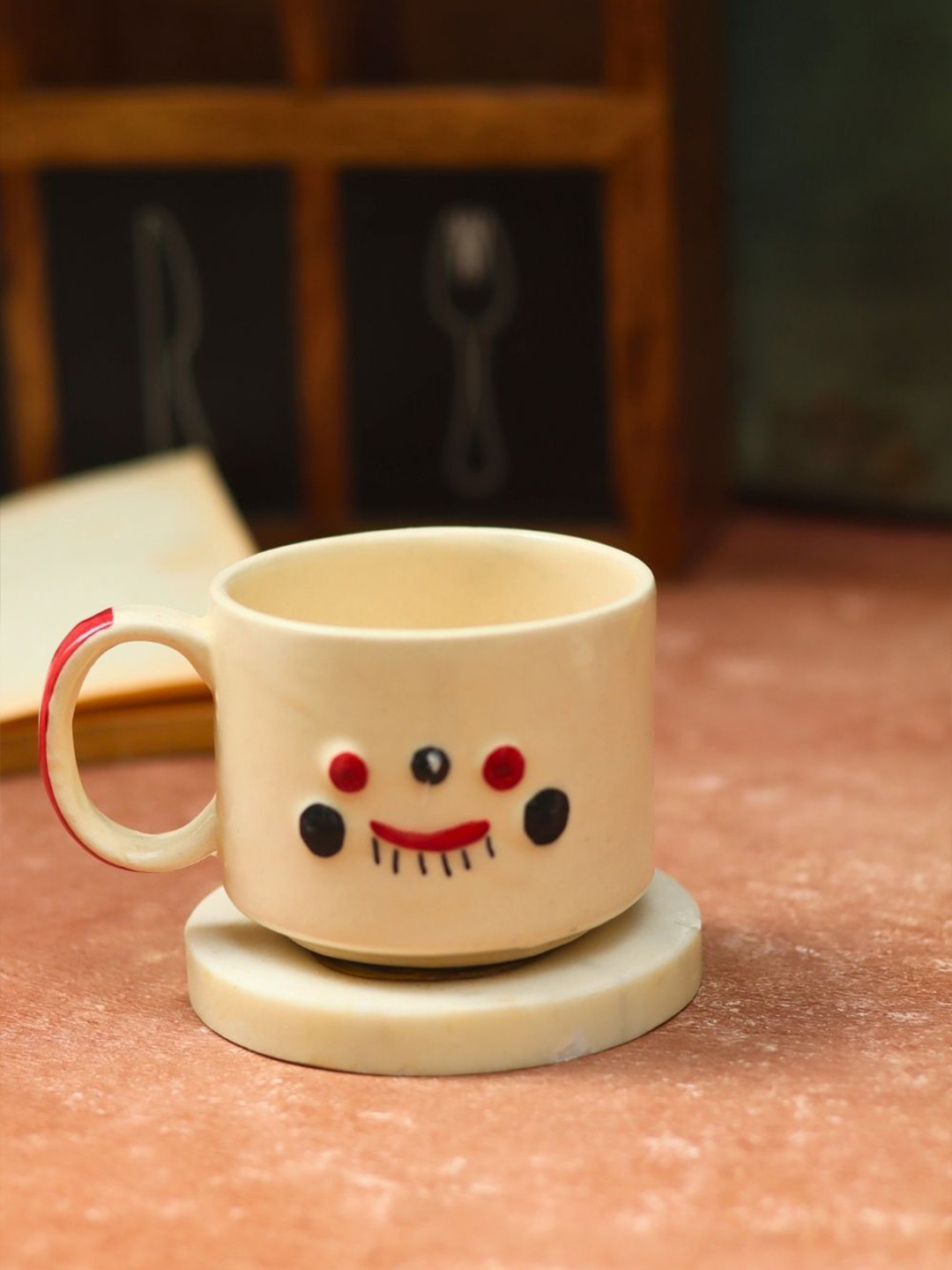 WEAVING HOMES White & Red Printed Ceramic Glossy Mug-200 ml