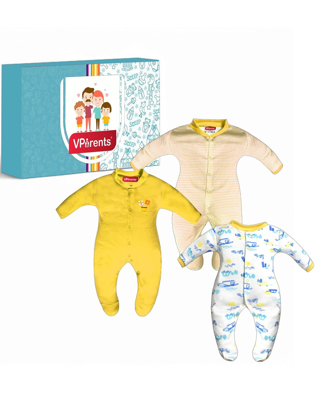 VParents Kids Unisex Pack Of 3 Cotton Full Length Casual Rompers