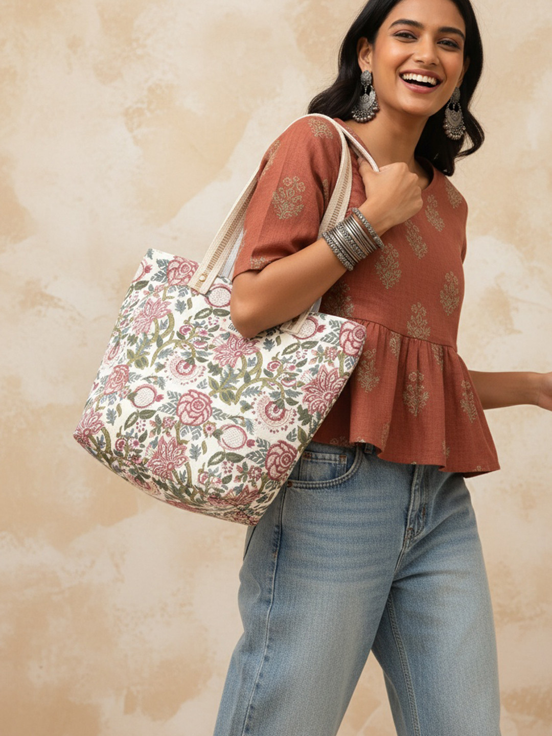 Taavi Women Floral Hand Block Printed Tote Bag