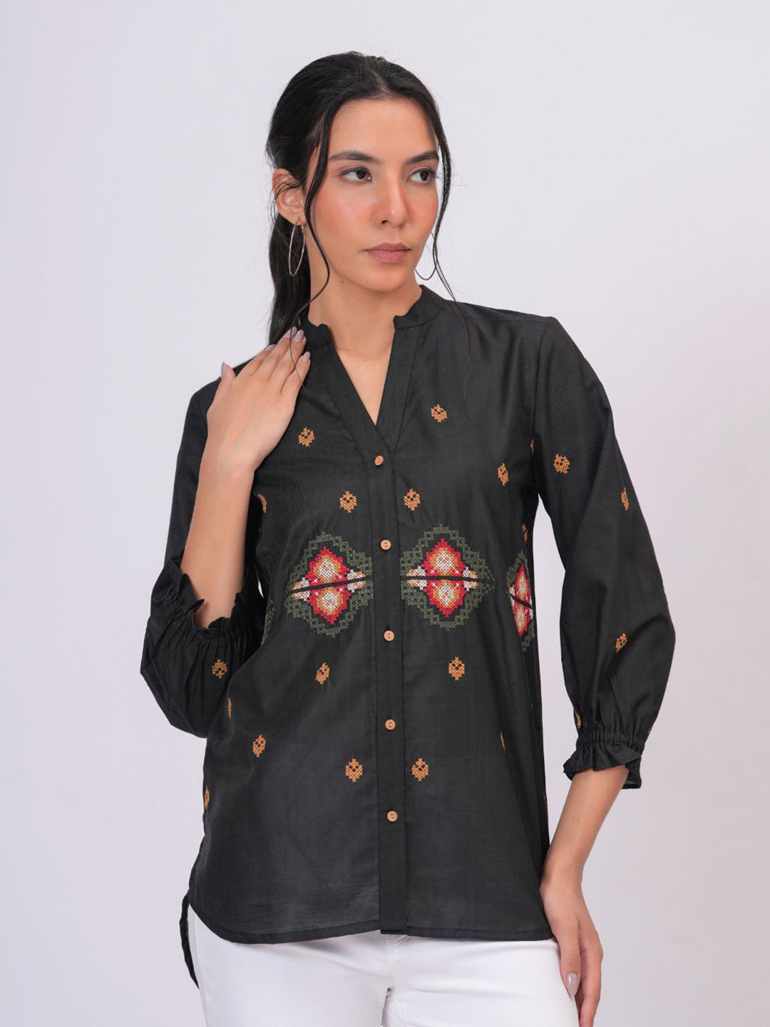 Zolo Label Women Standard Fit Ethnic Motifs Printed Mandarin Collar Cotton Casual Shirt