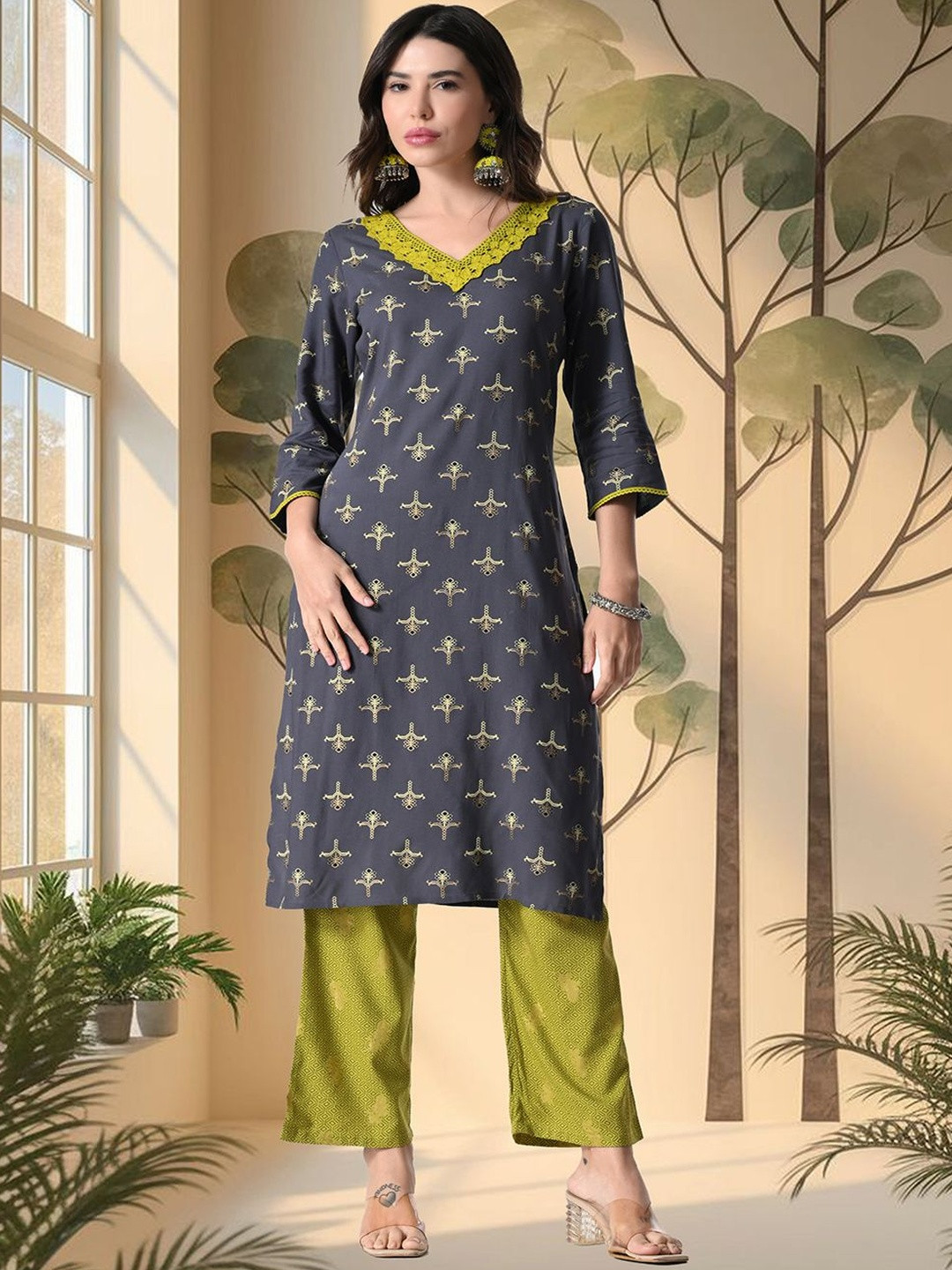 neel & ned Ethnic Motifs Printed V-Neck Straight Kurta With Trousers & Dupatta